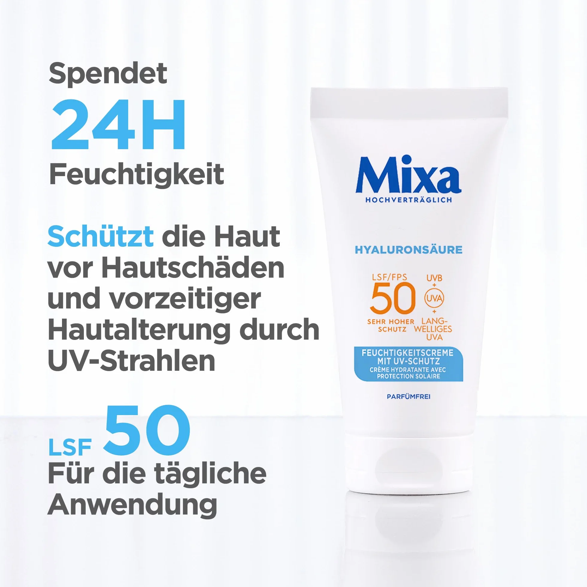 Mixa UV 50 pielęgnacja skóry wrażliwej, ochrona przed promieniowaniem UVB + UVA + Long UVA, SPF 50, z kwasem hialuronowym, nadaje się do twarzy i szyi, hipoalergiczny, 50 ml