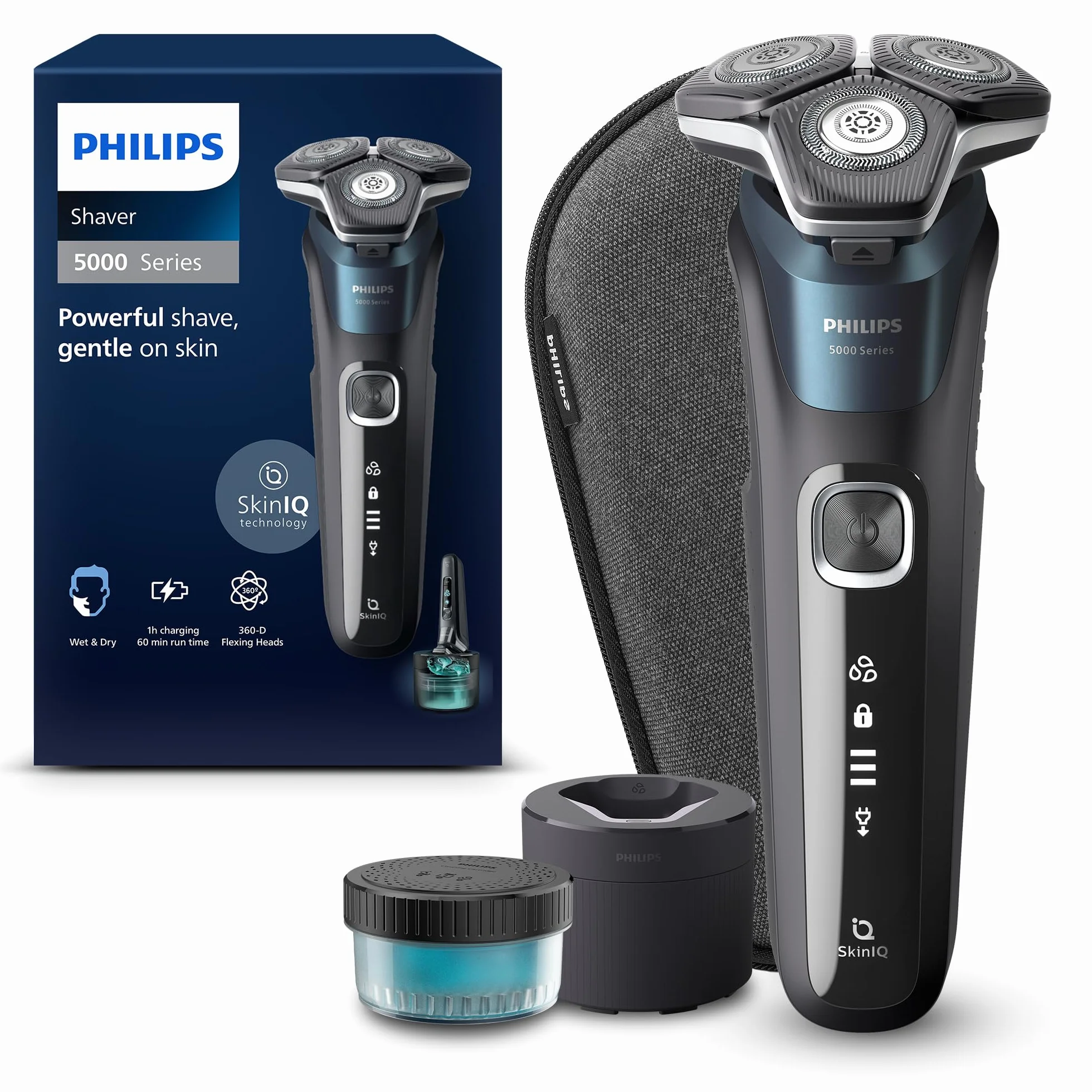 Philips Golarka Serii 5000 S5889/50 Elektryczna na Mokro i na Sucho SkinIQ Trymer Etui Podróżne Saszetka Quick Clean Pod Niebieski