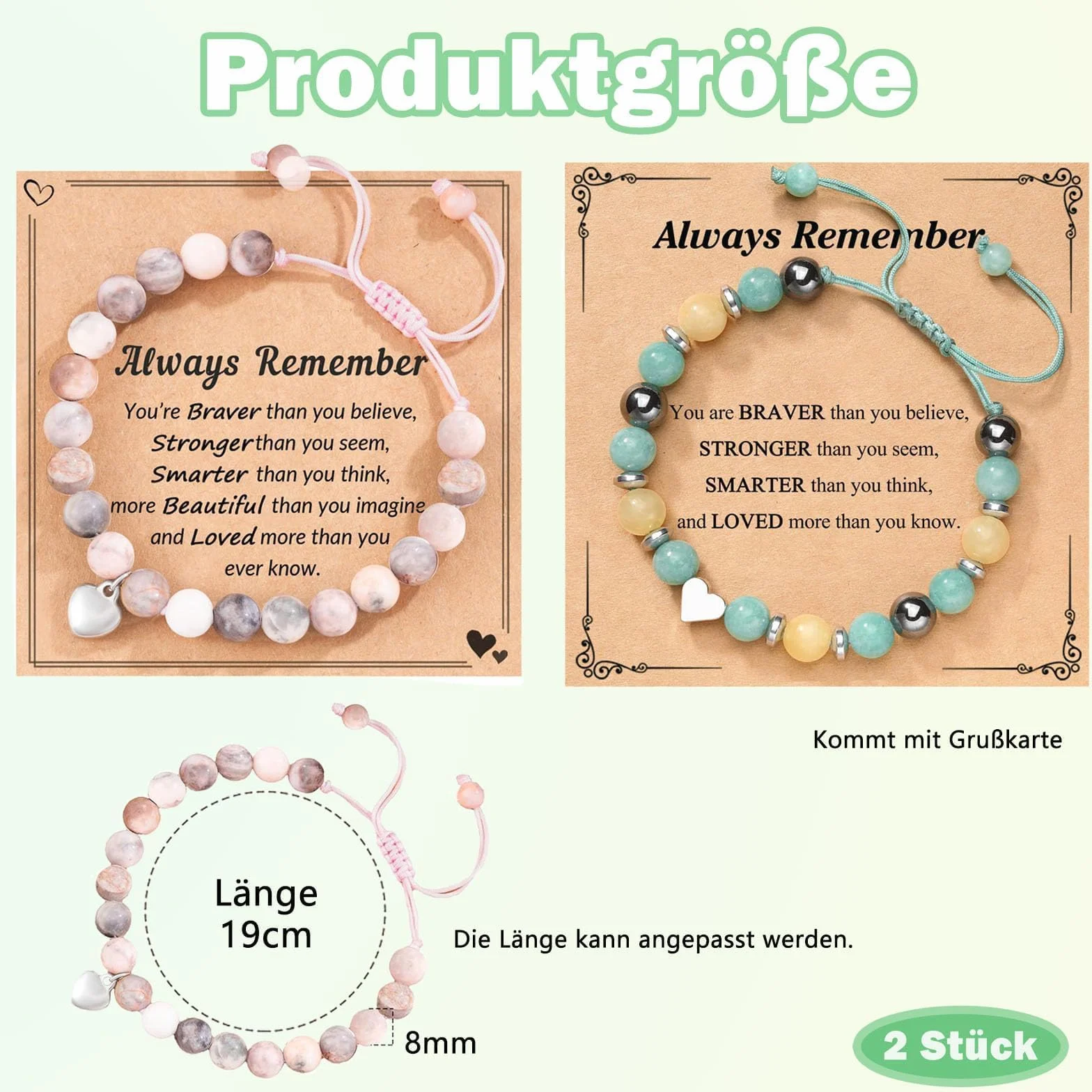 2 bransoletki z kamienia naturalnego i kartka z życzeniami, zawieszki w kształcie serca, bransoletki przyjaźni, nastolatki, dziewczyny, prezenty dla nastolatków, dziewcząt, biżuteria na
