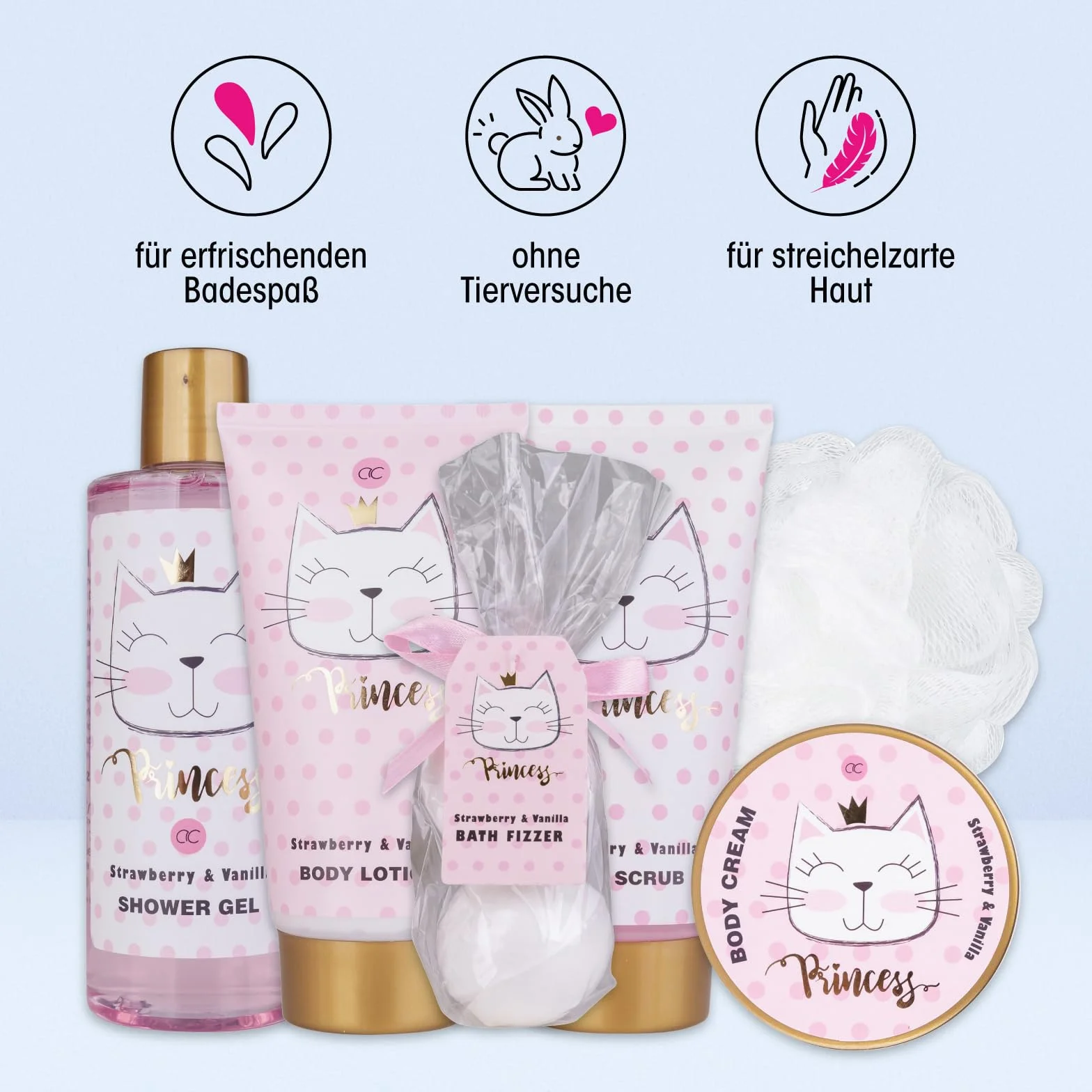Accentra Zestaw upominkowy Princess Kitty 7-częściowy z kąpielą piankową, peelingiem, żelem pod prysznic i balsamem do ciała