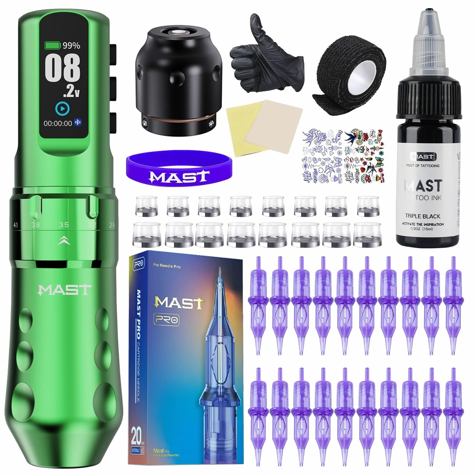 Mast Tattoo Flip4 Pro Tattoo Machine Set Wireless Tattoo Machine 7 Strokes 2.5-4.5mm,2000mAh Battery for Beginners & Professionals (TZWQP-129-2)