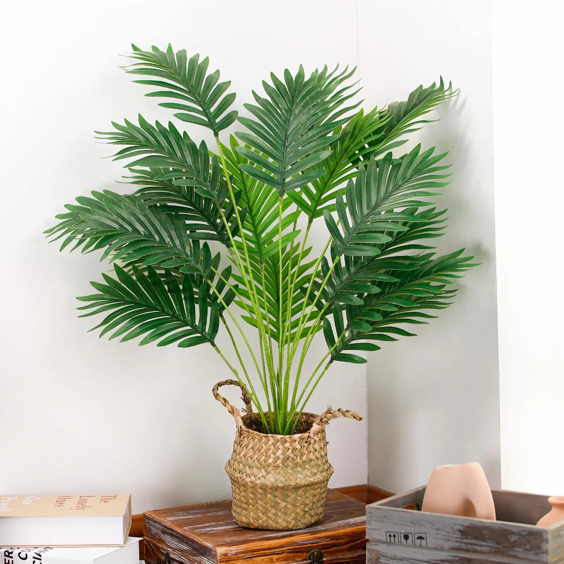 Der Rose Sztuczna palma, 71 cm wysokości, sztuczna roślina, doniczkowa, sztuczna Areca, drzewo z ręcznie tkanymi koszami z uchwytami, do wnętrz, na zewnątrz, do domu, biura, sypialni, werandy, balkonu