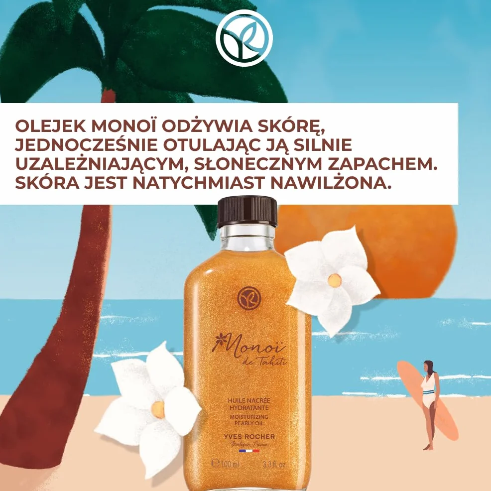Yves Rocher Rozświetlający olejek do ciała Monoi – nawilżający olejek z Tahiti z drobinkami perły – satynowy połysk i złocista skóra – naturalna formuła, zapach lata – do ciała i włosów – 100 ml