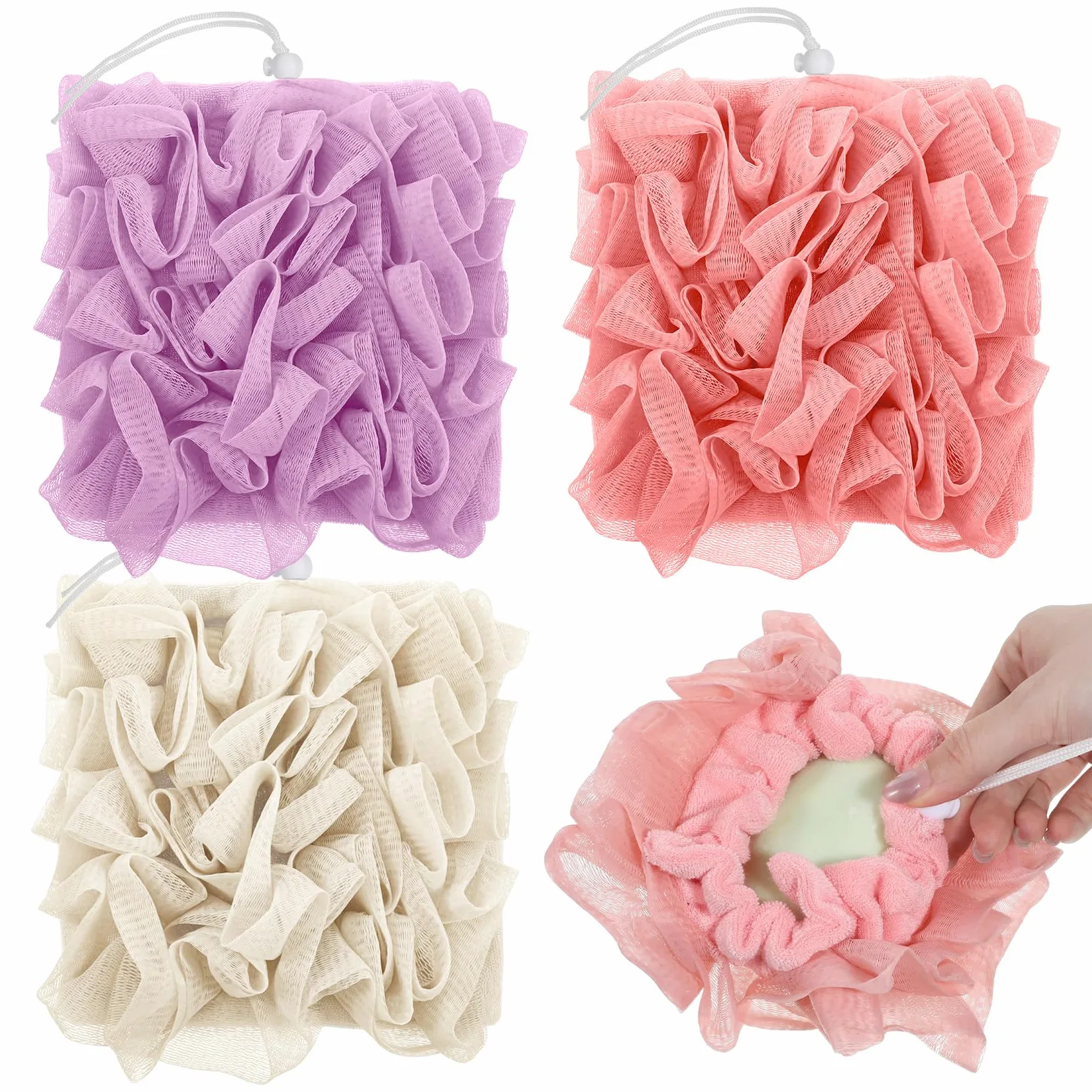 Qianyu 3 szt. Loofah Soap Bar 2 w 1 myjka złuszczająca siatka prysznicowa z kieszenią na mydło