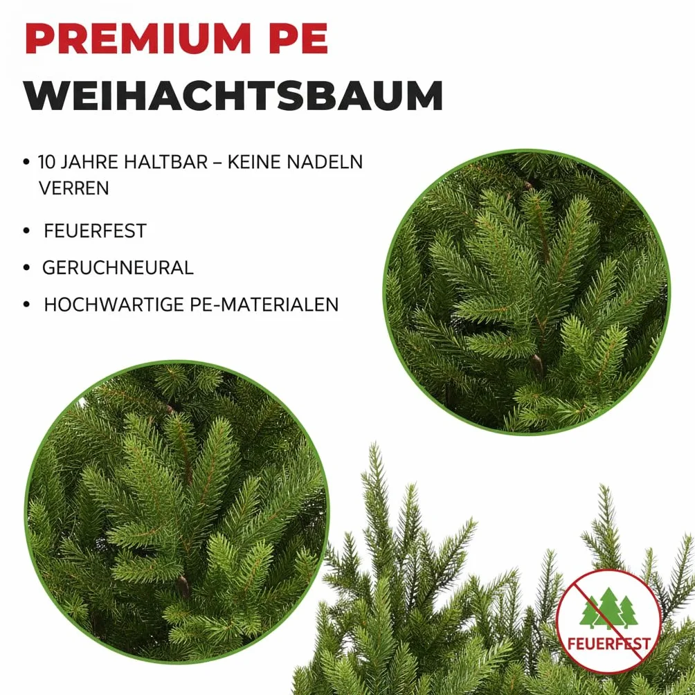 OasisCraft Sztuczna choinka 180 cm, 100% PE sztuczna jodła, 4053 końcówki, wierna naturze, gęste gałęzie, drewniany stojak, wielokrotnego użytku