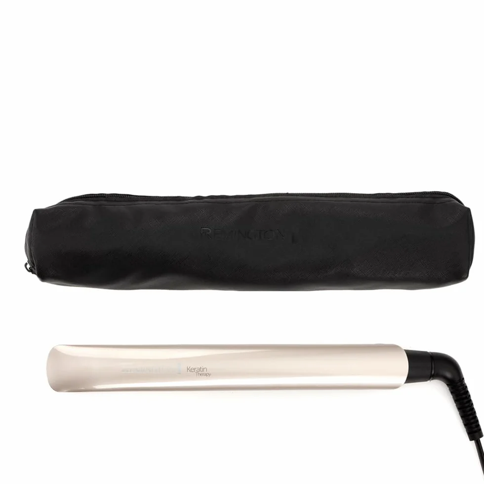 Remington prostownica do włosów, ceramiczna z keratyną, czujnik wykrywa poziom nawilżenia i dostosowuje temperaturę, zakres temp. 160-230°C, ruchome płytki, etui, brązowa, Keratin Therapy S8593