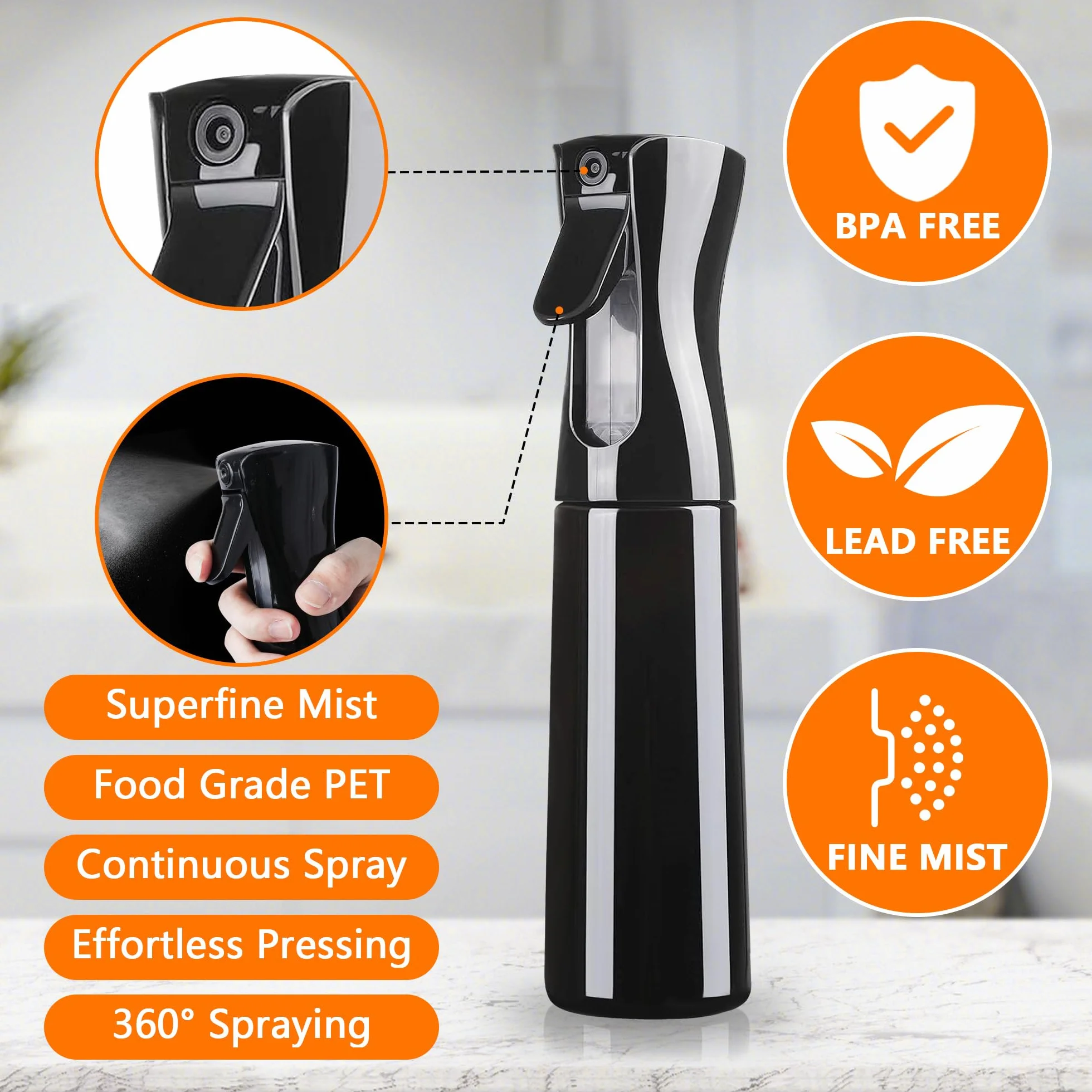 Butelka z rozpylaczem 300 ml mgiełka 360° ergonomiczny uchwyt BPA szczelna czarna do roślin