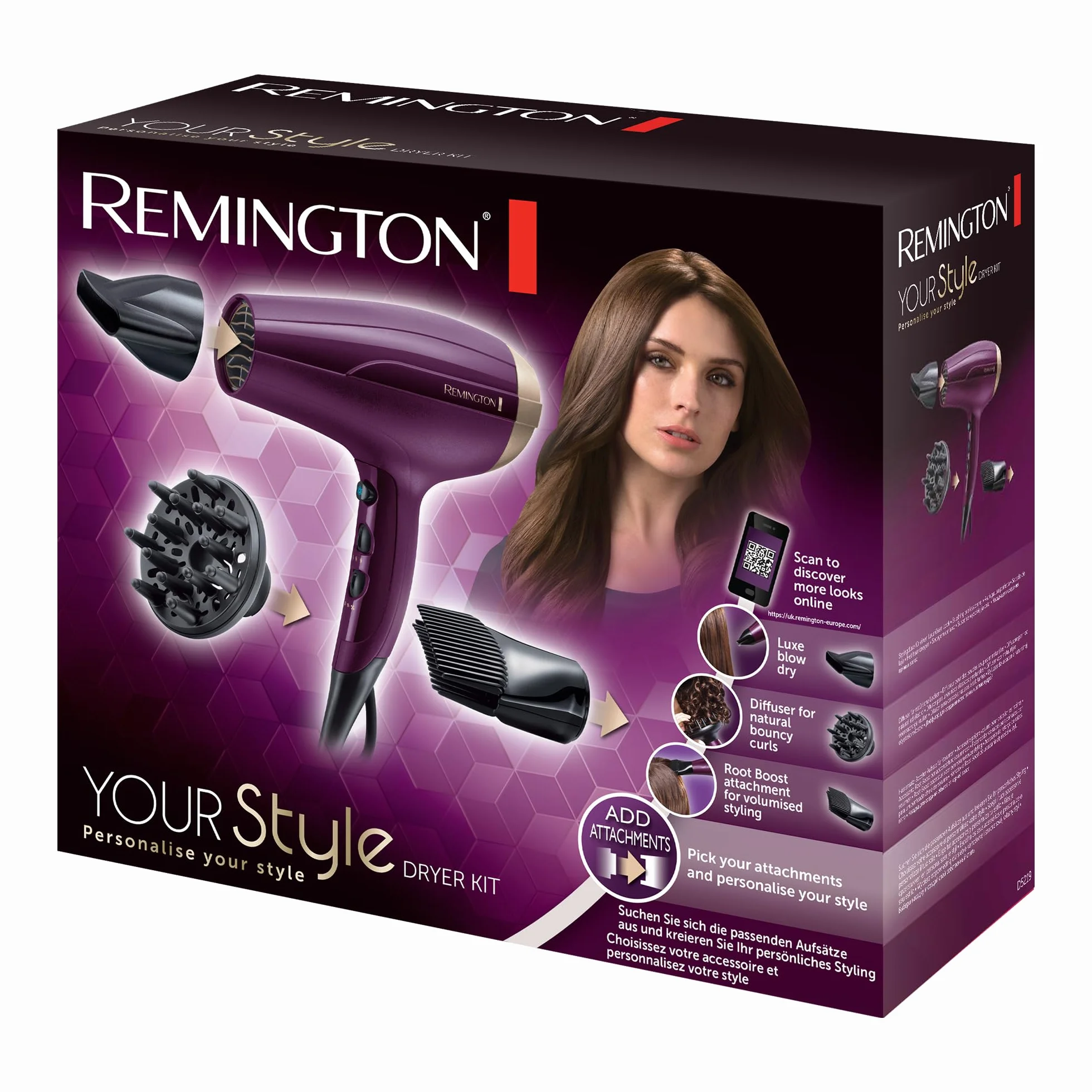 Remington Suszarka jonowa [lekka i większa objętość] Your Style (2300 W, zestaw zawierający dyszę do stylizacji, dyfuzor, wzmacniacz linii włosów dla większej objętości, 3 poziomy ogrzewania i 2 oddzielne wentylatory, poziom chłodzenia) D5219