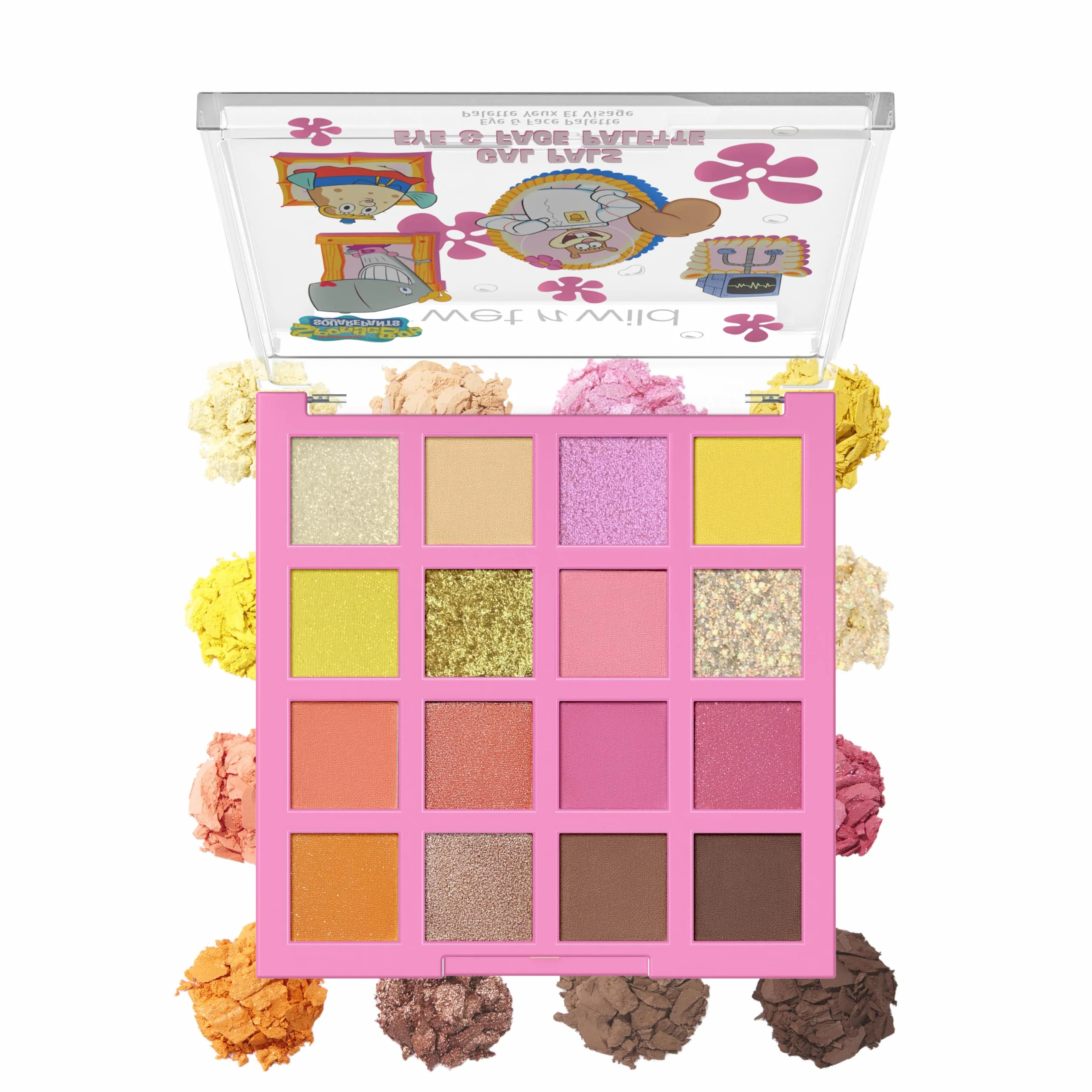 wet n wild Spongebob paleta oczu i twarzy, paleta oczu i twarzy z 16 pigmentowanymi odcieniami w matowych i połyskujących wykończeniach