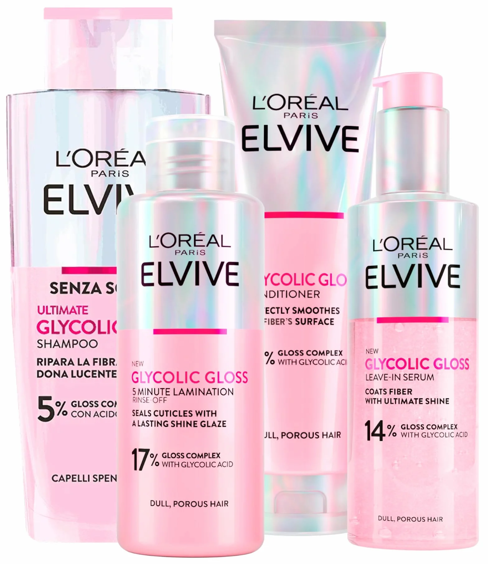 L'Oréal Paris Elseve Elvive Glicolic Gloss odżywka 150 ml szampon 200 ml serum bez płukania 150 ml zabieg laminowania 200 ml zestaw 4 butelki