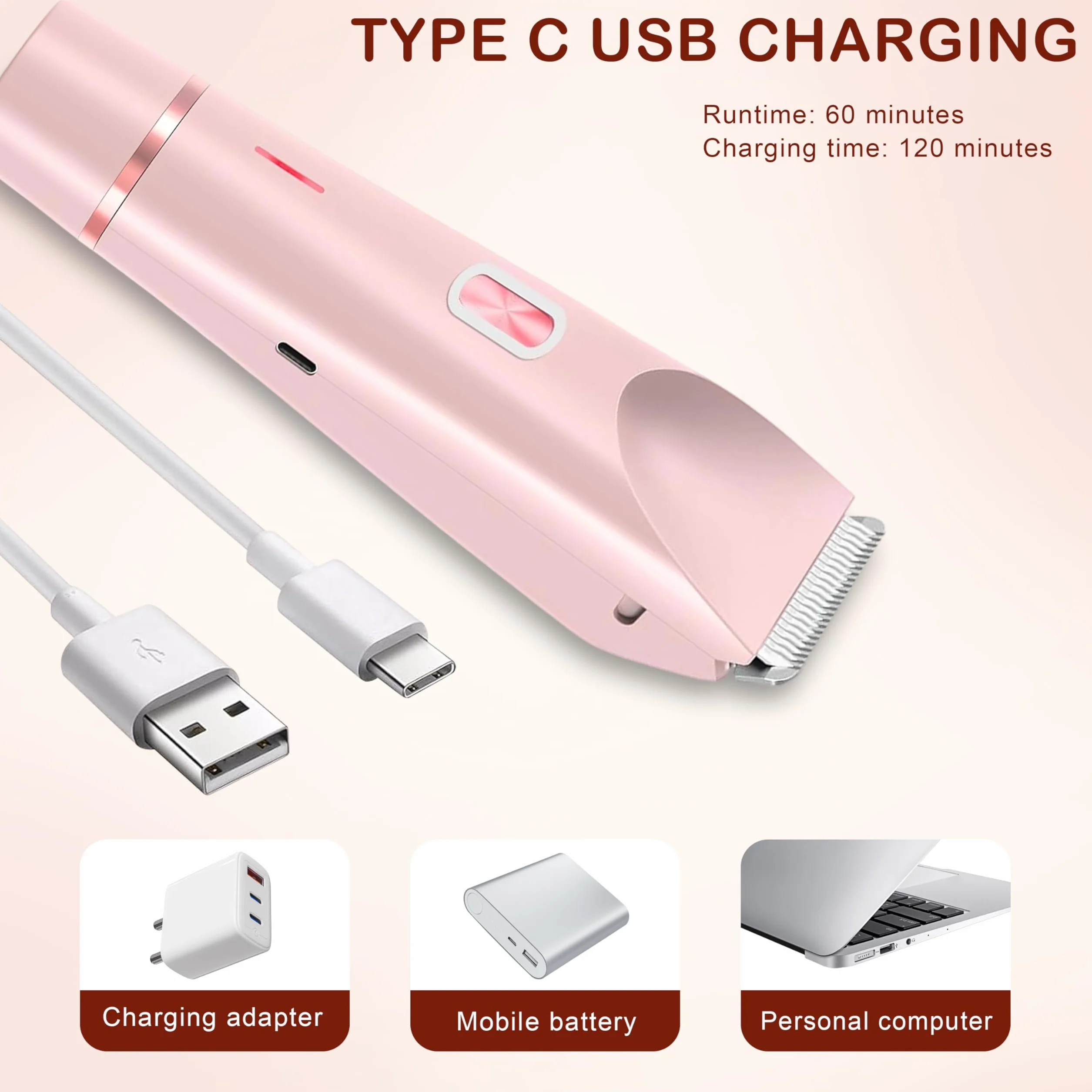 Golarka intymna dla kobiet, 2 w 1, elektryczna golarka z ładowaniem USB C, wodoszczelna, do użytku na sucho i na mokro, do twarzy, nóg i strefy bikini, różowa