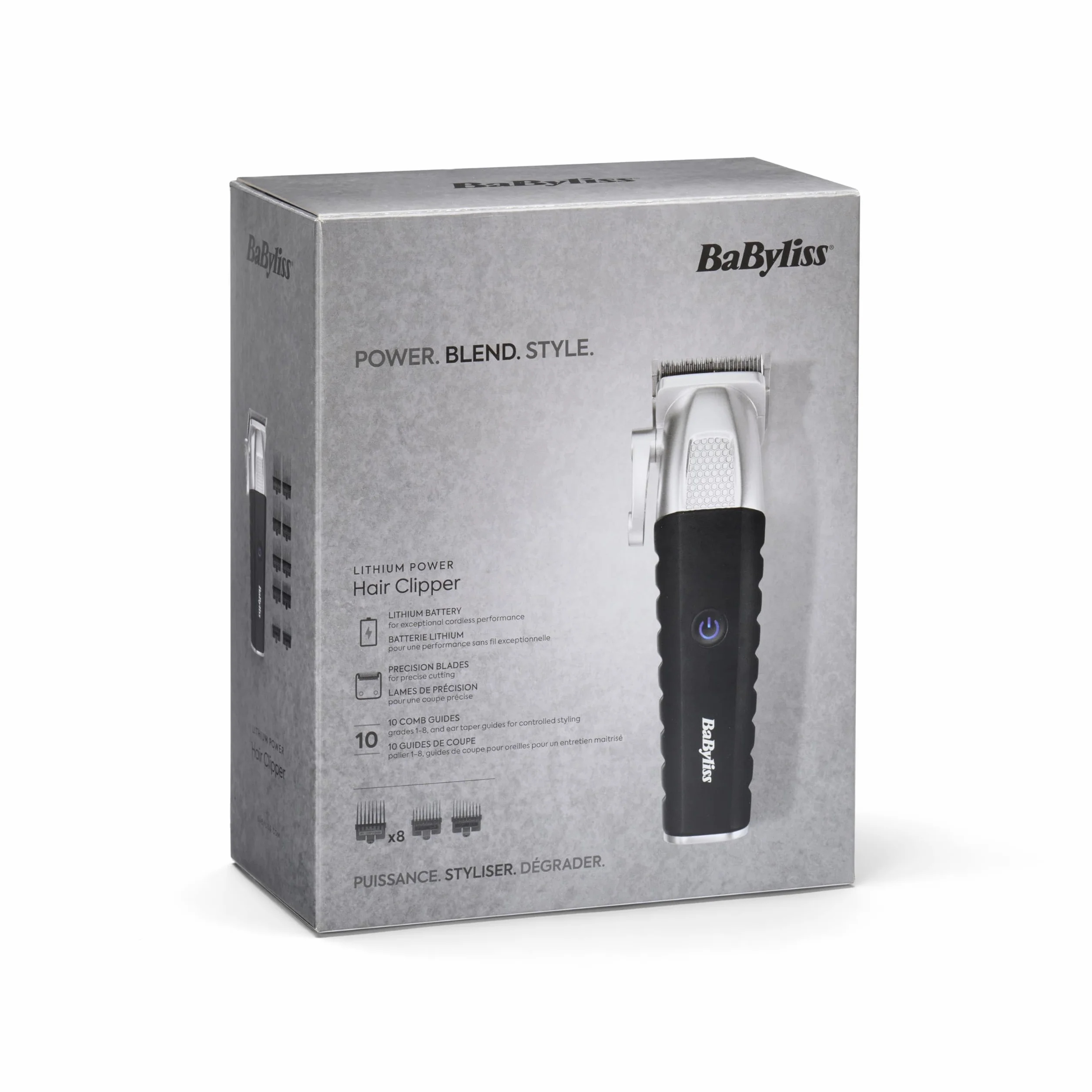 Maszynka do strzyżenia włosów BaByliss Lithium Power, bezprzewodowa, szybkie ładowanie, regulacja podziałki 0,5–25 mm, 8 nakładek grzebieniowych, ostrza ze stali japońskiej, E812E