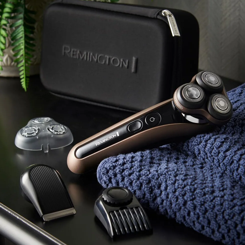 Remington X9 Limitless X Golarka elektryczna dla mężczyzn z hybrydowym systemem tnącym SynX, rotacyjna, na mokro i na sucho, trymer, bezprzewodowa, 360° PivotBall, technologia Shave-Learn LED, XR1795