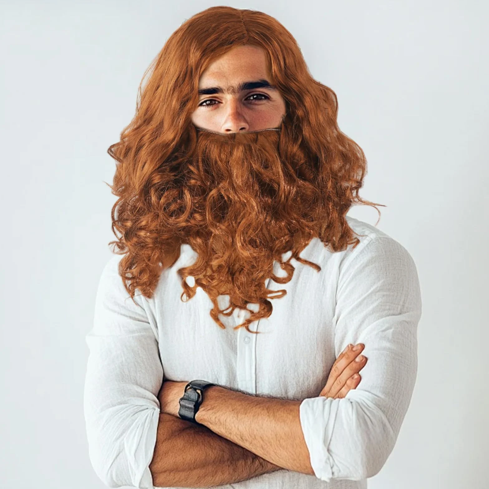 GWAWG Długa peruka i broda, dla dorosłych, ciemnobrązowa, kręcona, długa broda, kostium, fantazyjne przebranie, akcesorium na imprezę i wąsy, cosplay, kostium na Halloween, karnawał, kostium