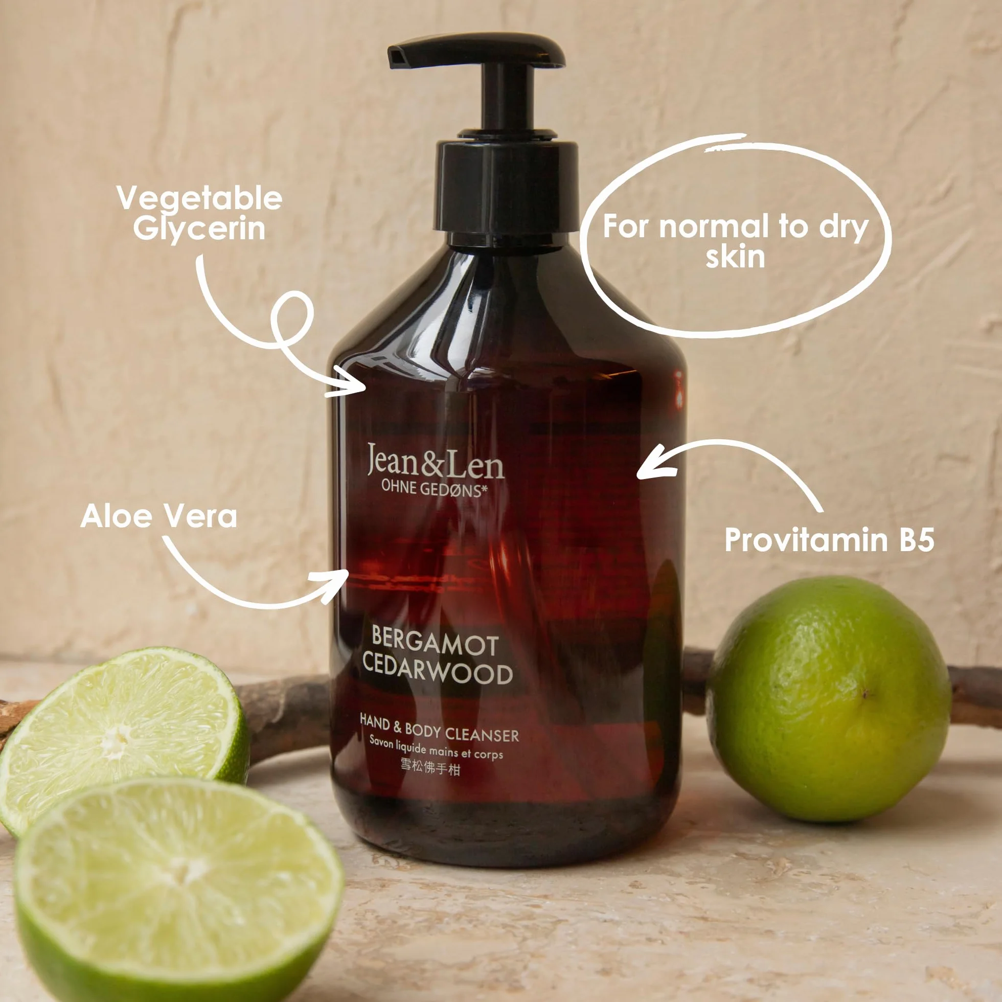 Jean & Len Hand & Body Cleanser Bergamot & Cedrwood, dla pachnącego doznania czyszczenia, mydło do ciała i rąk w wysokiej jakości butelce, orzeźwiający śródziemnomorski zapach, wegańskie, 500 ml