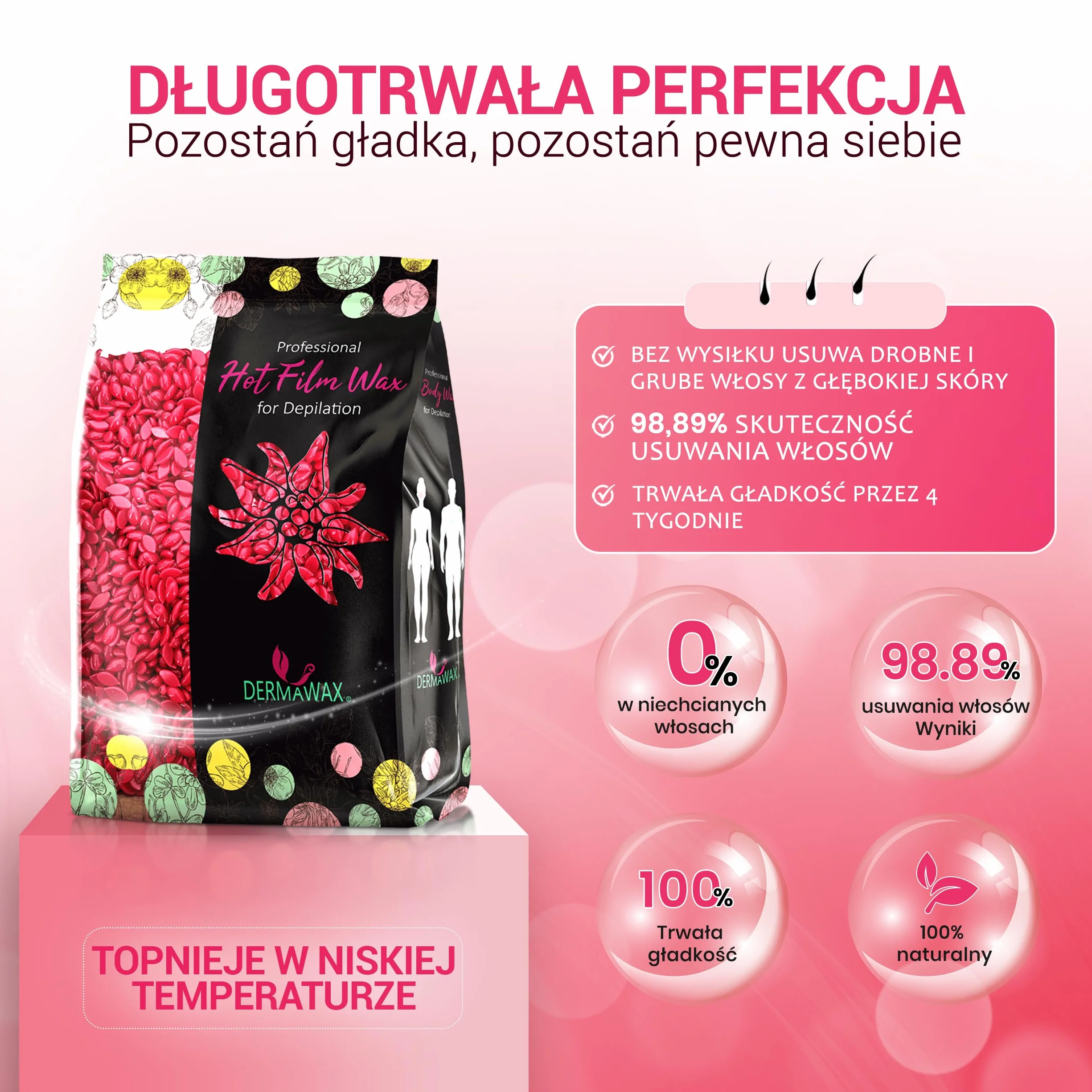 Dermawax Koraliki z wosku różanego, bez pasków do twarzy, bikini, nóg i pachy, koraliki z twardego wosku do skóry wrażliwej i grubych włosów, profesjonalny brazylijski zestaw do woskowania dla