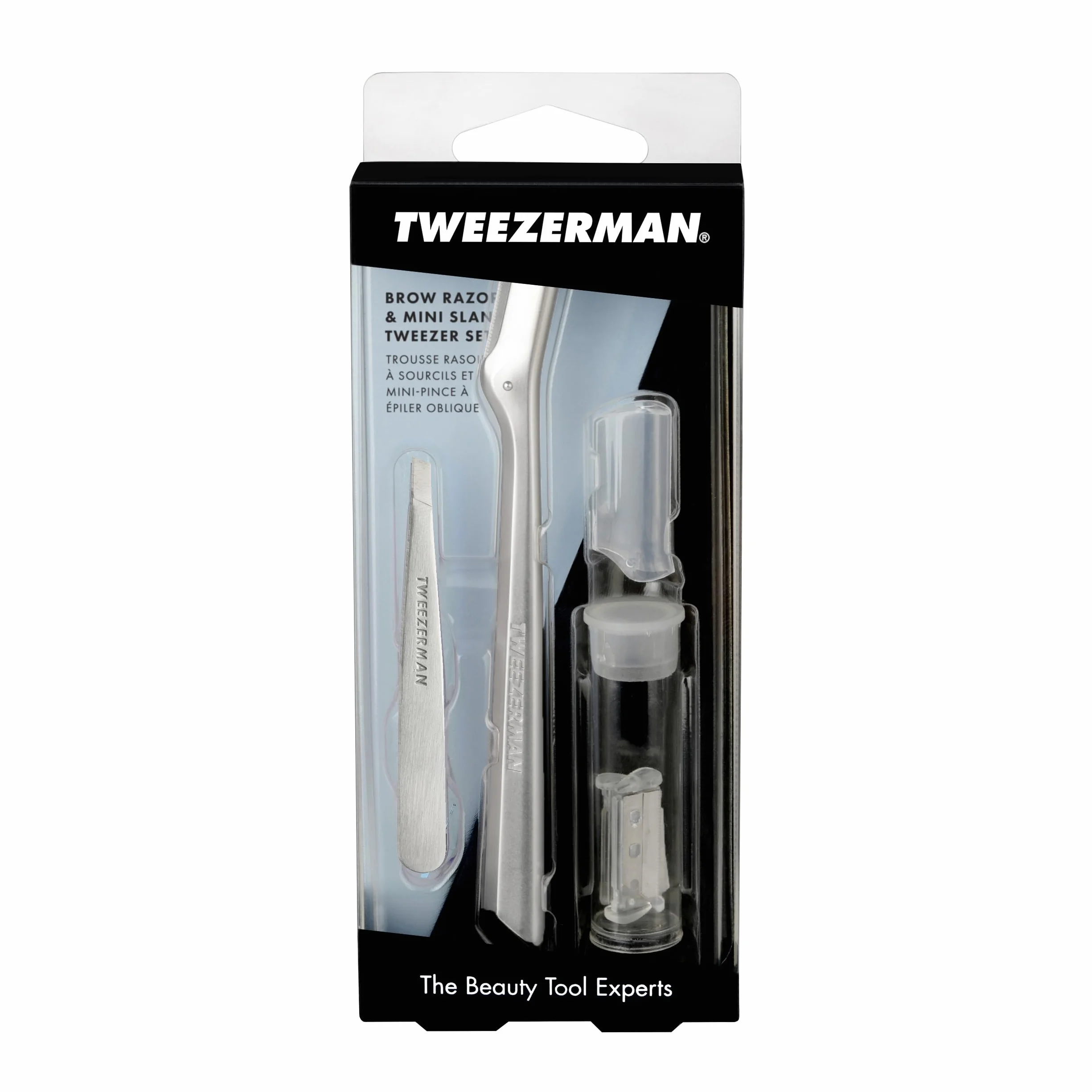 TWEEZERMAN Golarka do brwi z mini skośną pęsetą srebrna