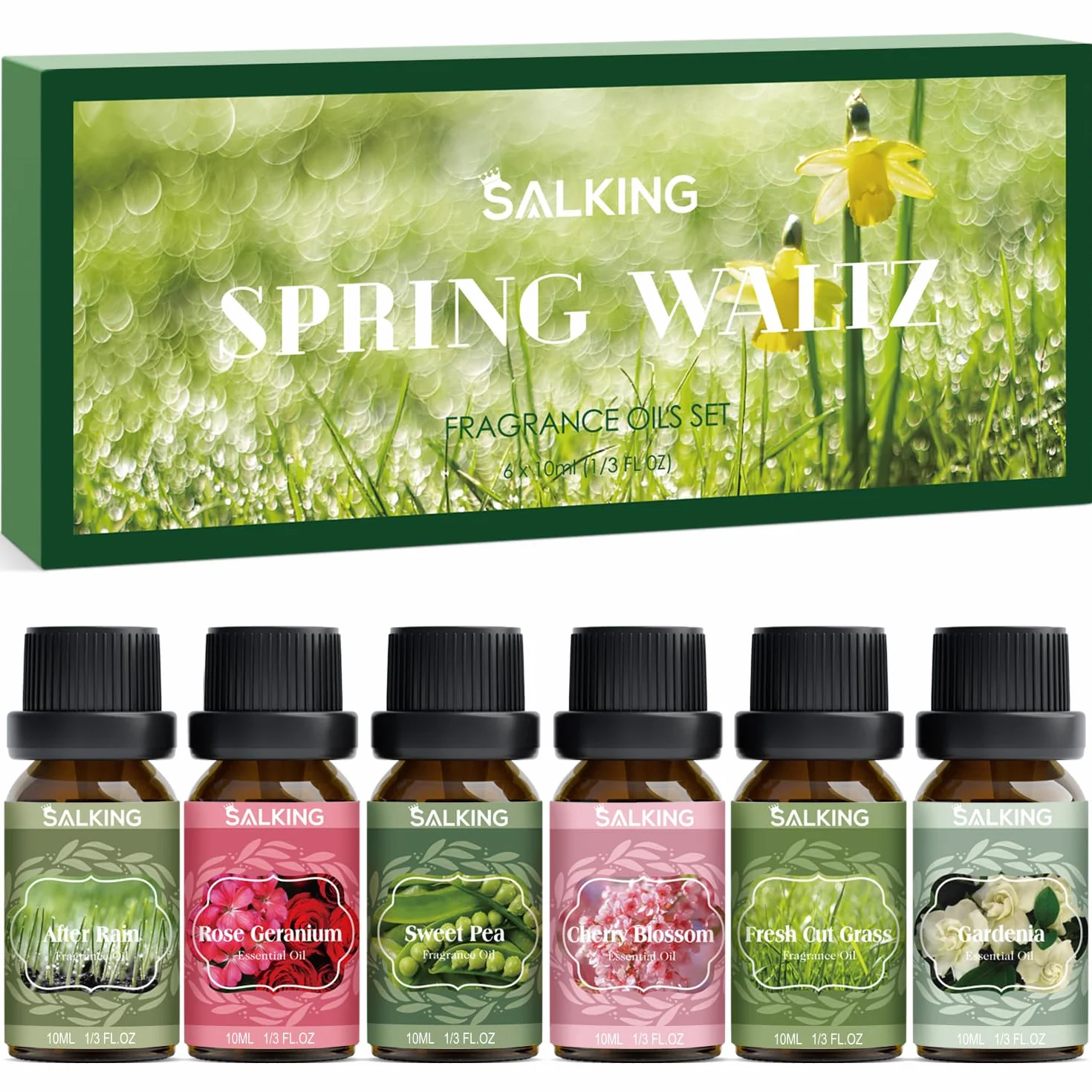 SALKING Zestaw olejków eterycznych wiosennych, 6 x 10 ml, 100% aromaterapii, nawilżacza powietrza, masażu, po deszczu, świeżo skoszonej trawy, szalergu, geranium