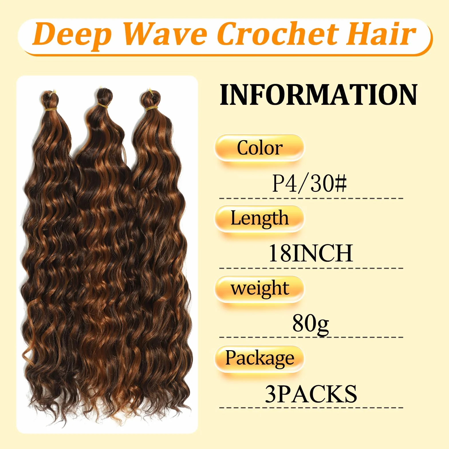 Długie kręcone włosy, Ocean Wave Crochet Hair - miękkie syntetyczne włosy, głębokie fale, skręcane włosy do przedłużania włosów w stylu boho (P4/30#, 45-3T)