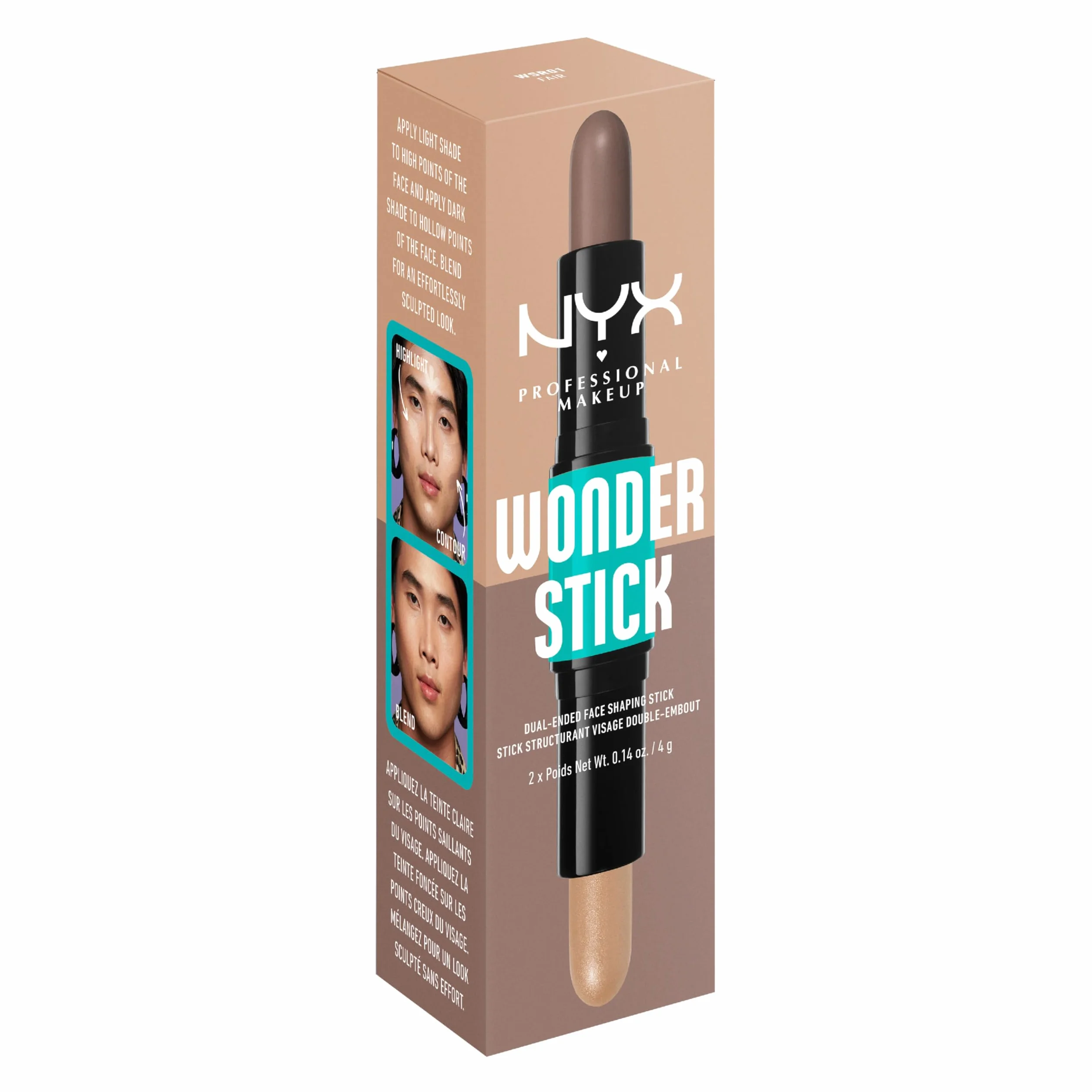 NYX Professional Makeup Podświetlacz i konturówka do konturowania z dwoma końcówkami, kształtuje i rozjaśnia, zmywalny i wegański, Wonder Stick, Fair