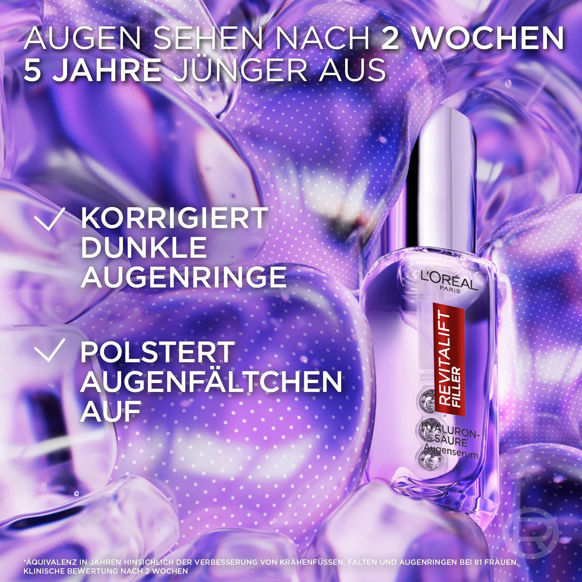 L'Oréal Paris Serum do oczu dla kobiet: zapewnia wyściełaną okolicę oczu i mniej ciemnych cieni pod oczami, 2,5% [kwas hialuronowy + kofeina], Revitalift Filler, 1 x 20 ml