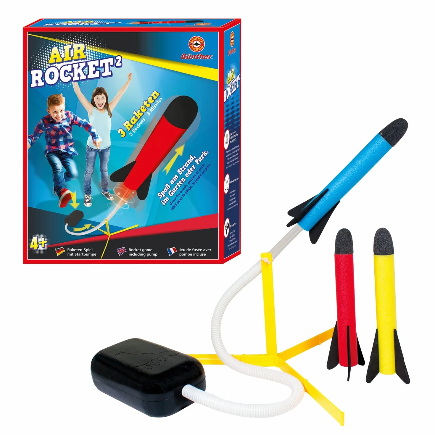 GÜNTHER FLUGSPIELE 1556 - Gra rakietowa Air Rocket² z pompą startową i 3 rakietami piankowymi, dla dzieci w wieku 4 lat i starszych, świetna zabawa na plaży, w ogrodzie lub w parku