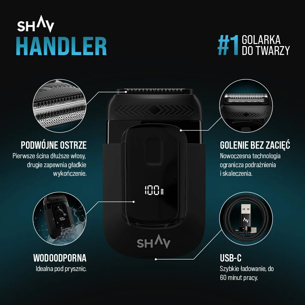 Shav Handler Golarka męska elektryczna IPX7 wodoodporna bezprzewodowa trymer do brody