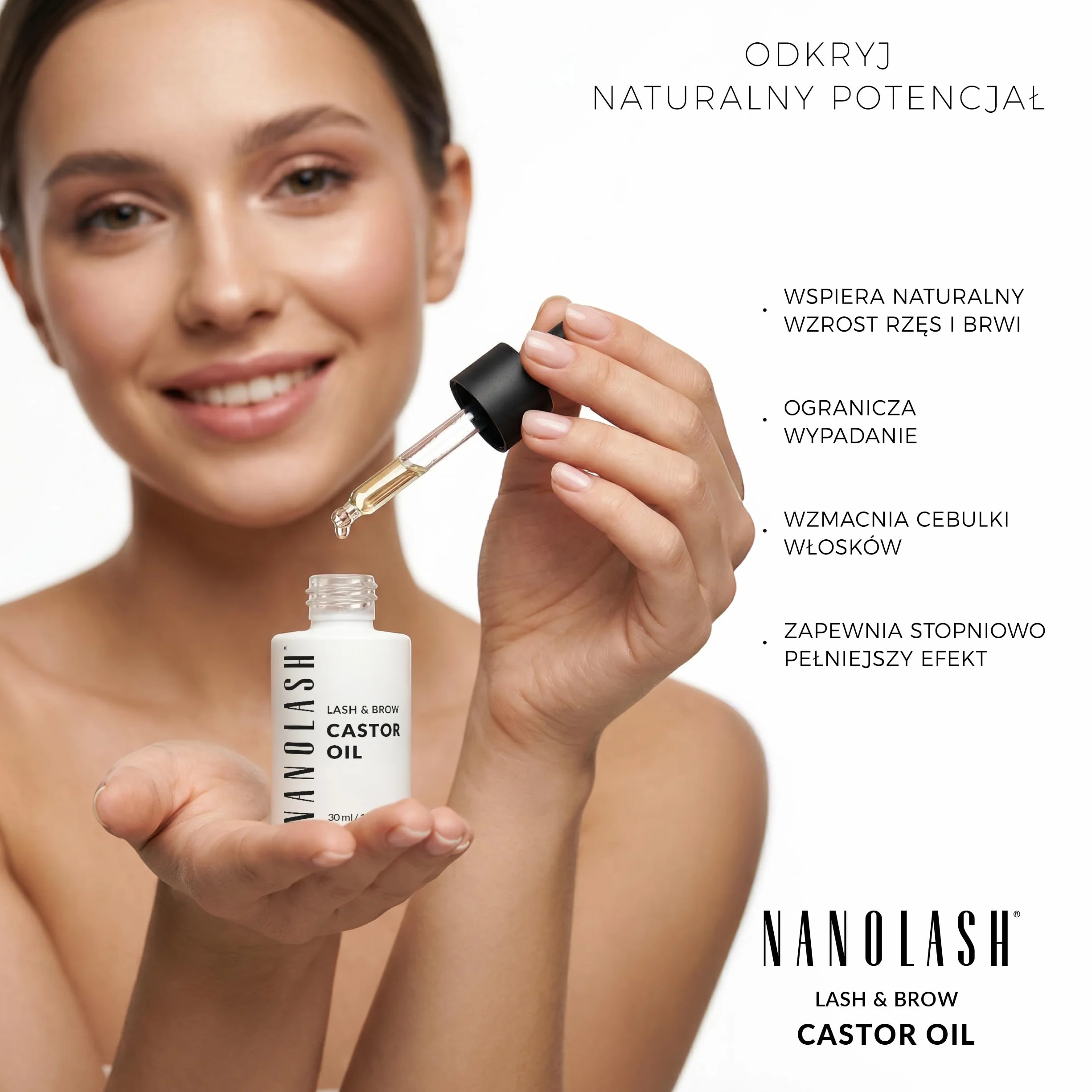 Olejek rycynowy Nanolash 30 ml - 100% naturalny, zimnotłoczony i nierafinowany olejek do rzęs i brwi, przyśpiesza wzrost rzęs, olej rycynowy z aplikatorem