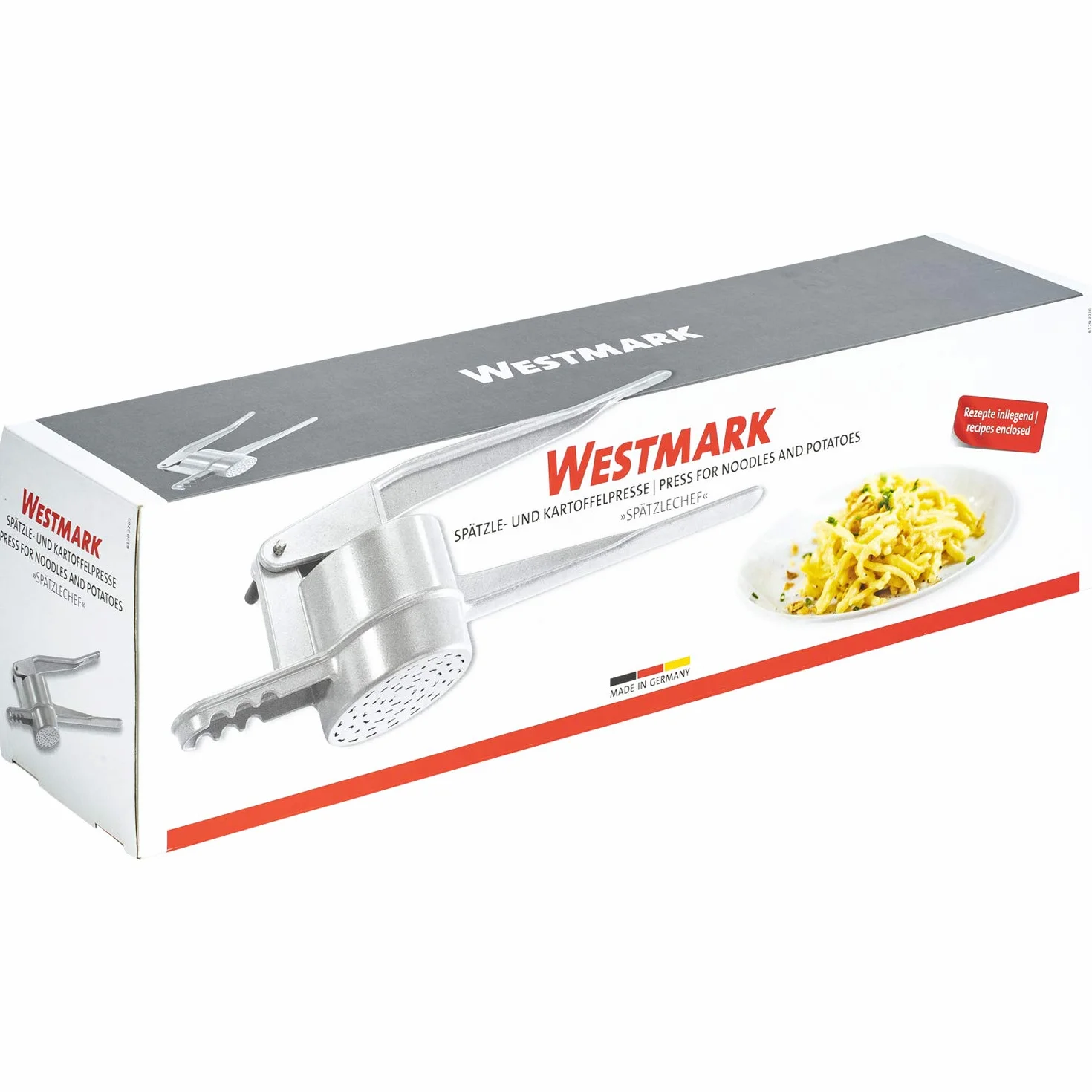 Westmark Prasa do ziemniaków i makaronu, Specjalne oczka do wyrobu domowego makaronu, Odlew aluminiowy, Długość: 41 cm, Spätzlepress, Srebrna, 61202260