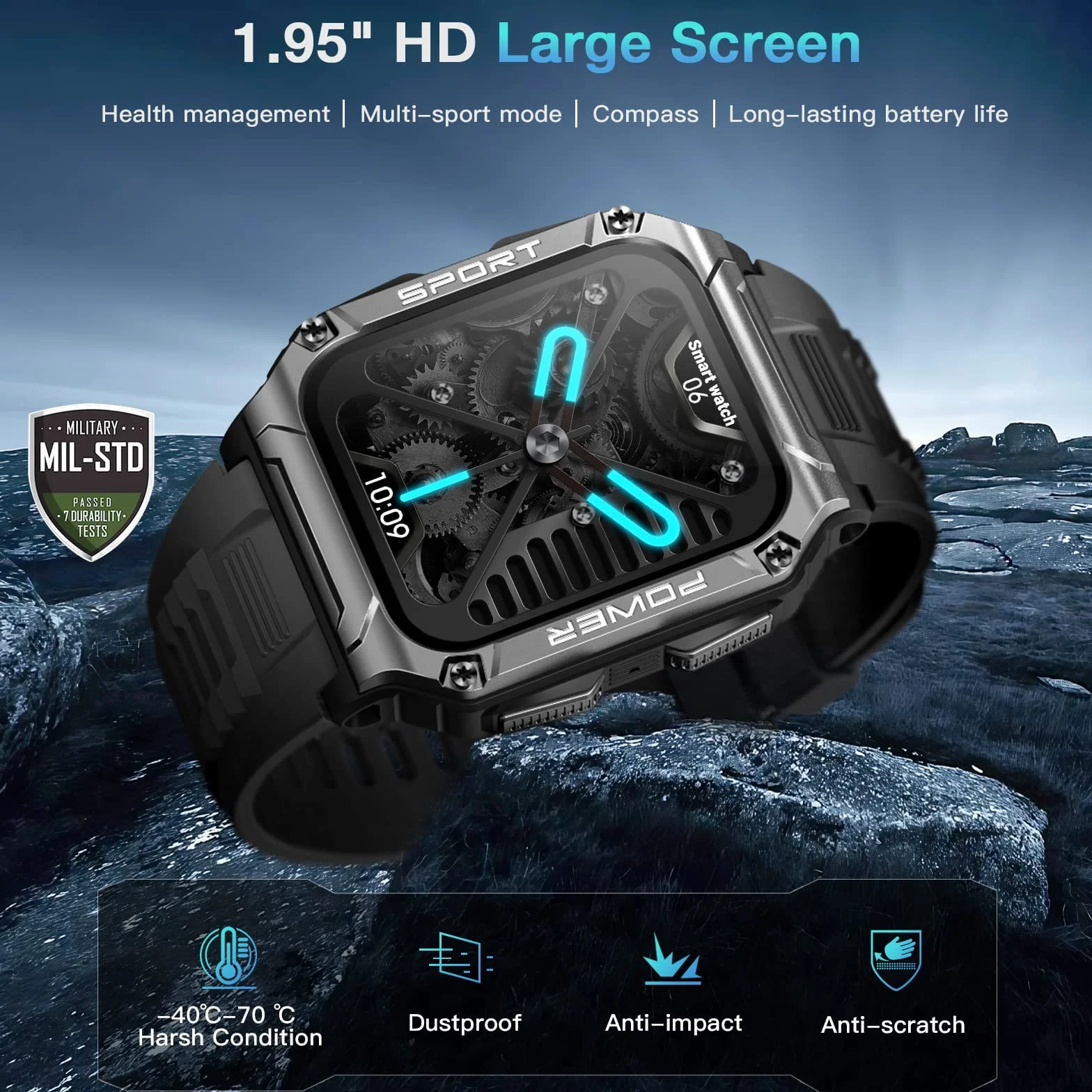 Męski smartwatch męski, 1,95" HD Smartwatch, wodoodporny zegarek sportowy 5 ATM ze 100 trybami sportowymi, trackery aktywności, kalorie, tętno, sen SpO2, odtwarzacz muzyczny, przypomnienie SMS