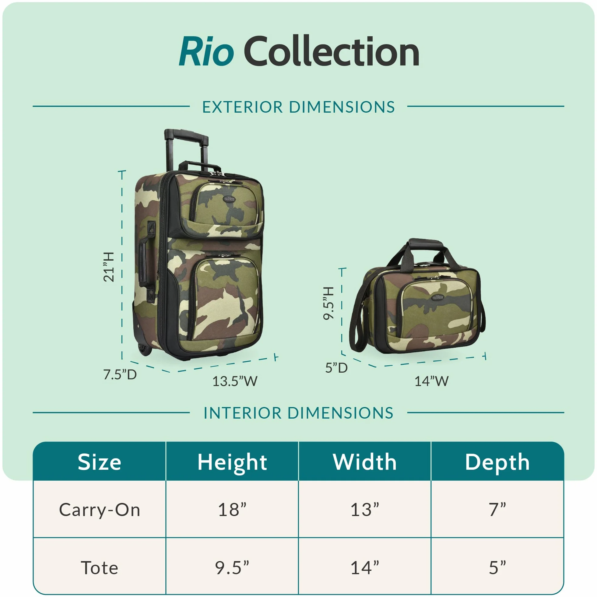 U.S. Traveler Rio Bagaż podręczny, lekka, miękka walizka, bagaż podręczny na kółkach, 50 cm, Kamuflaż, Set