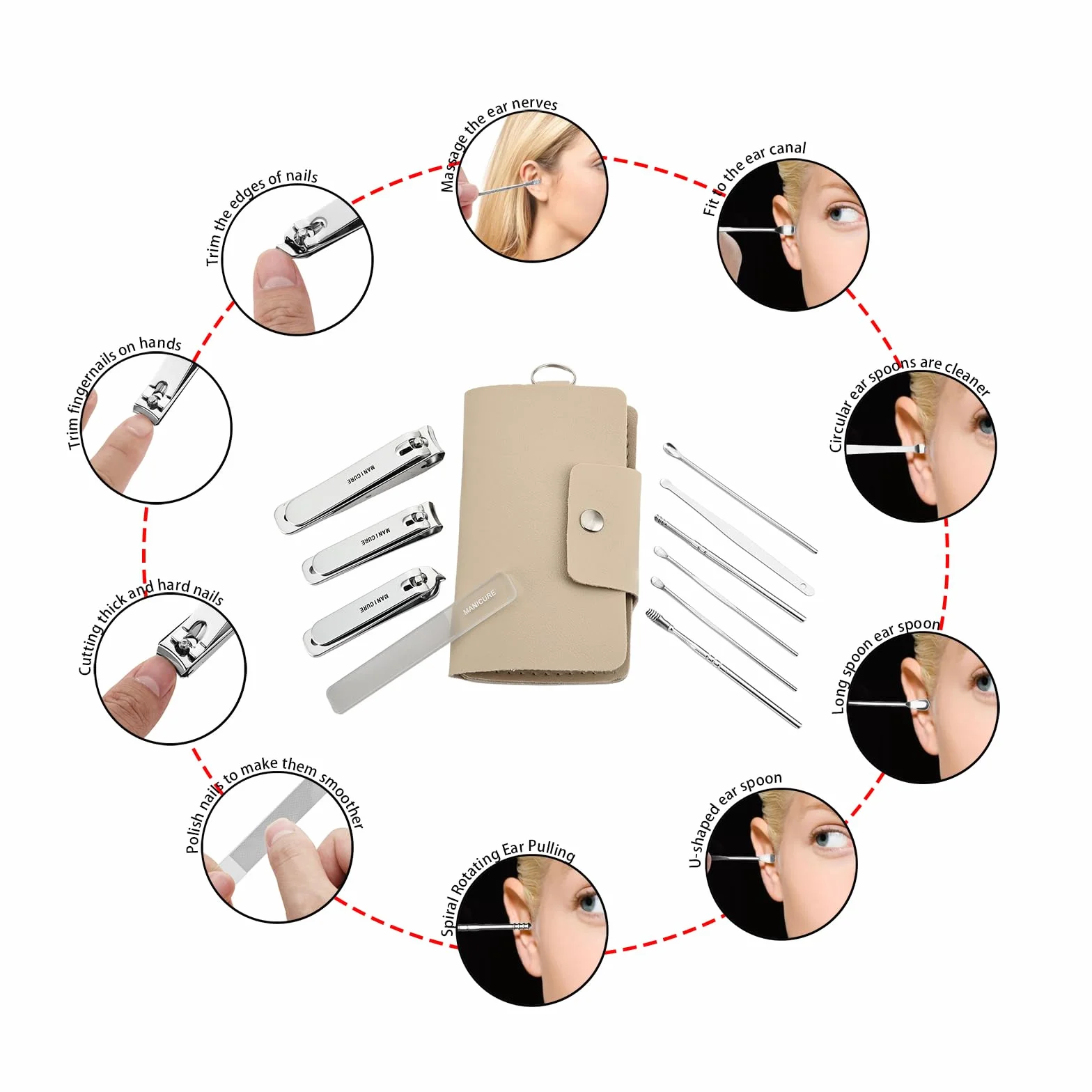 zestaw do manicure 10-częściowy z sztucznej skóry, idealny na każdą podróż! Obcinacz do paznokci, ultra Wide Jaw Opening, obcinacz do paznokci u rąk i stóp, stal szlachetna premium