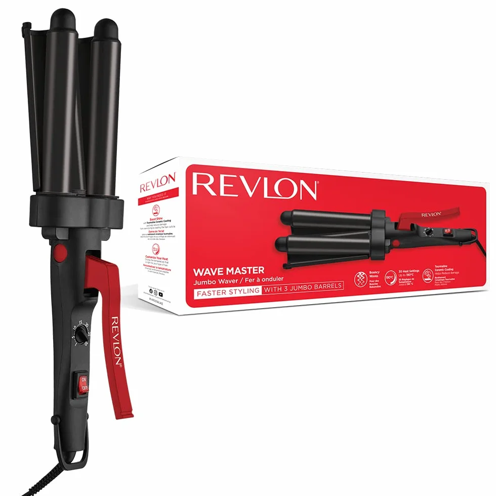Falownica do włosów Revlon Wave Master Jumbo Waver (trzy bardzo duże wałki, turmalinowa powłoka ceramiczna, 30 ustawień temperatury do 190°C) RVIR3056UKE
