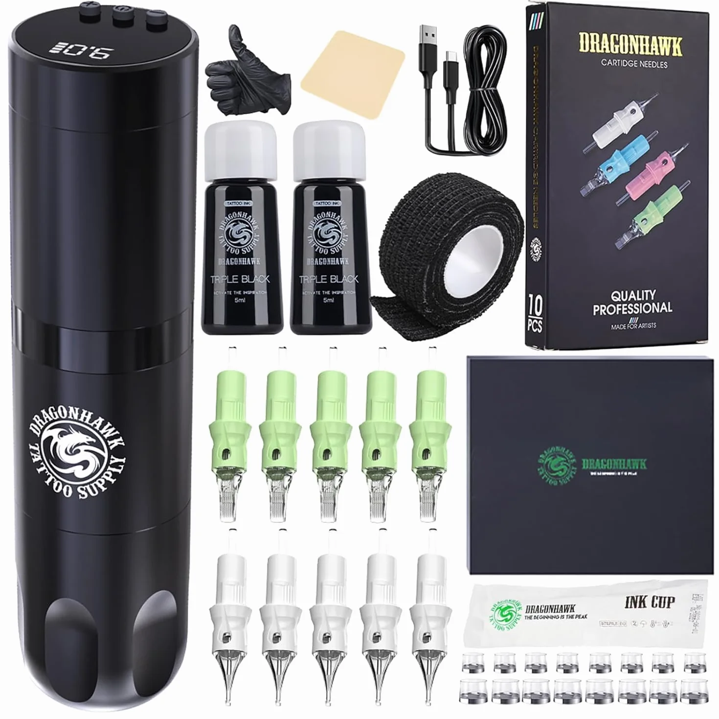Dragonhawk Tattoo Kit X3 Wireless Tattoo Machine Pen Tattoo Gun with 1500mAh Battery Cartridge Needles Included, Complete Kit for Beginners