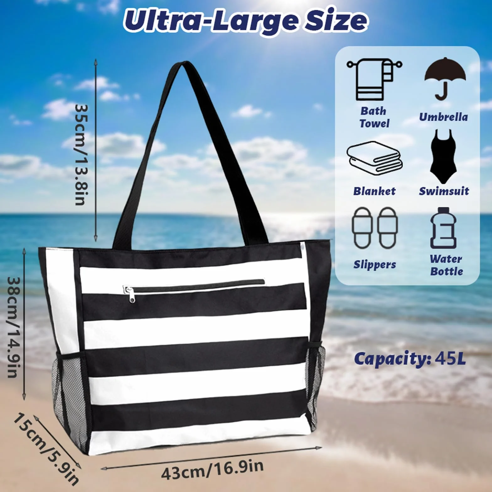 flintronic Duża torba plażowa z zamkiem błyskawicznym, wodoszczelna, w paski, 45 l, składana, lekka torba kąpielowa, damska, rodzinna torba podróżna, na plażę, urlop, basen, Czarne i białe paski., 43