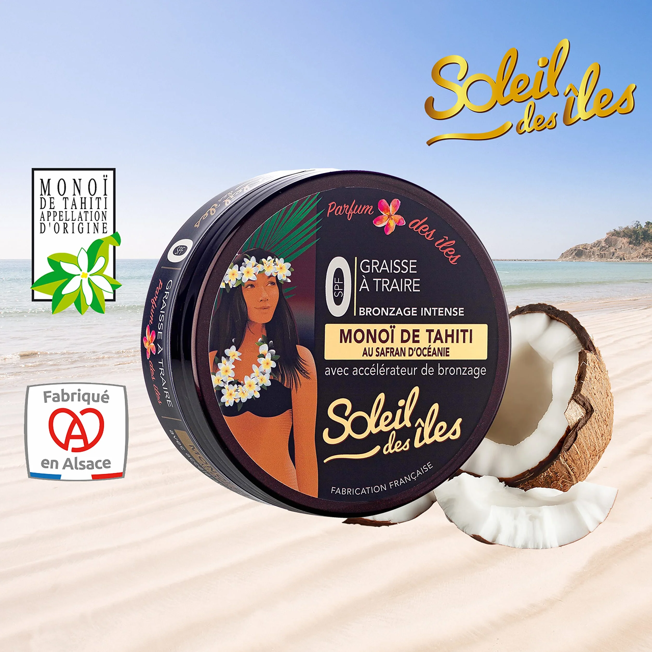 Soleil des Iles | Smar do doju Monoi de Tahiti + Rea, akcelerator opalania, wodoodporny, perfumy wysp, wyprodukowano we Francji