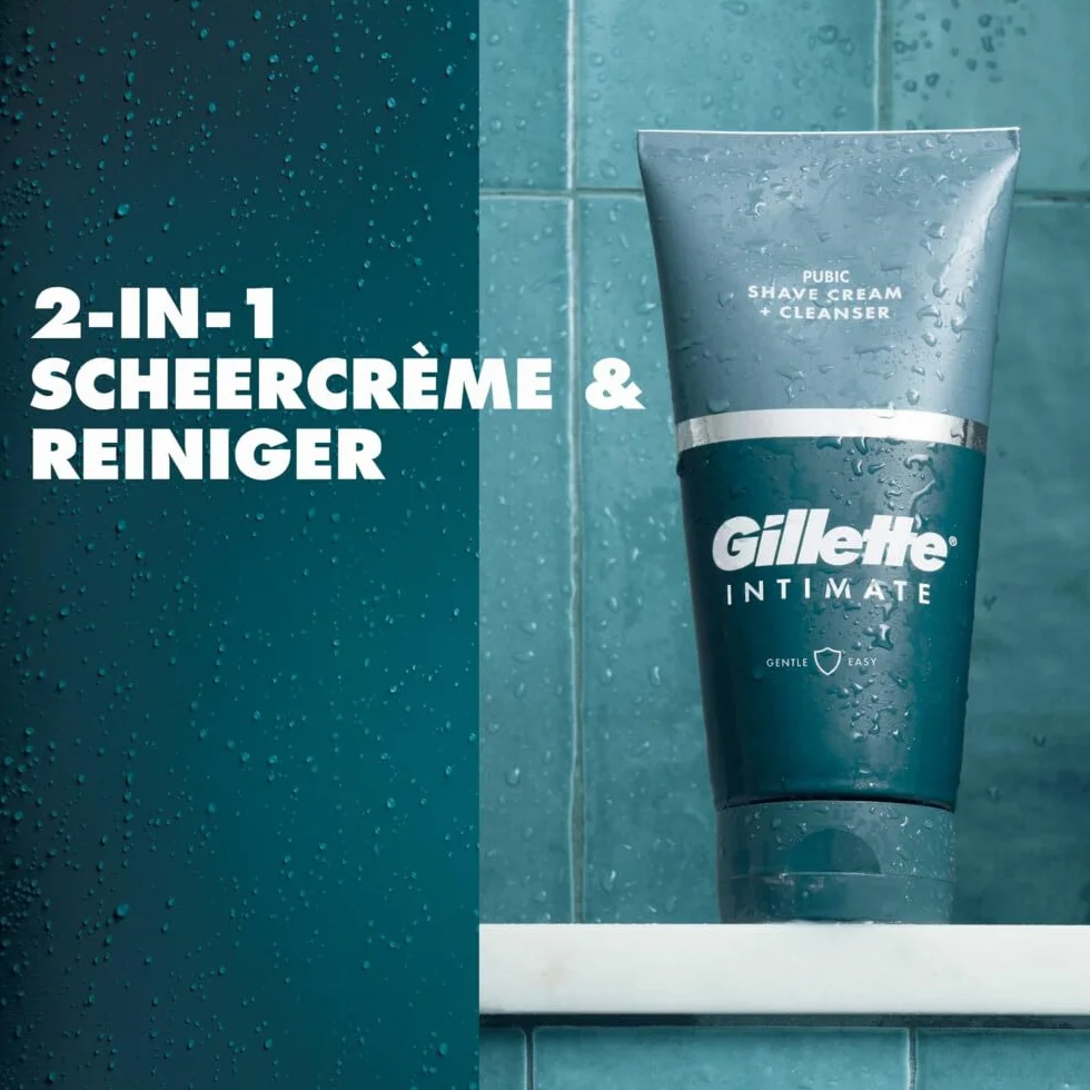 Gillette Intimate zestaw do golenia intymnego dla mężczyzn (177 ml), krem do golenia i pod prysznic 2 w 1, formułowany do owłosienia okolic intymnych, z aloesem, bez parabenów, prezent dla mężczyzn