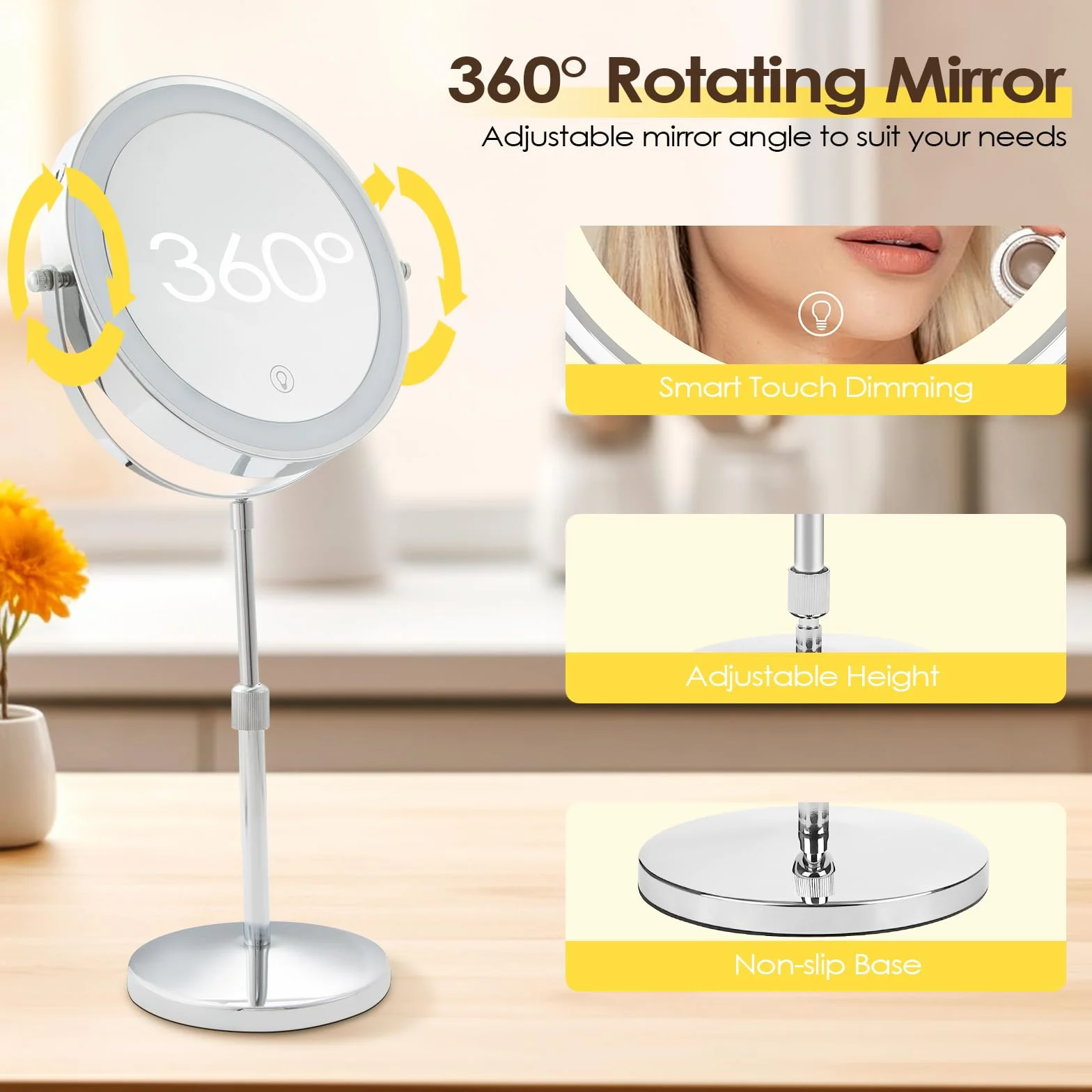 Cuteefun Lustro kosmetyczne 20 cm ze światłami, 1 x 10 x lustro powiększające na stojaku, regulowana wysokość i jasność, obrót o 360°, dwustronne, podświetlane lusterko do makijażu, do toaletki,