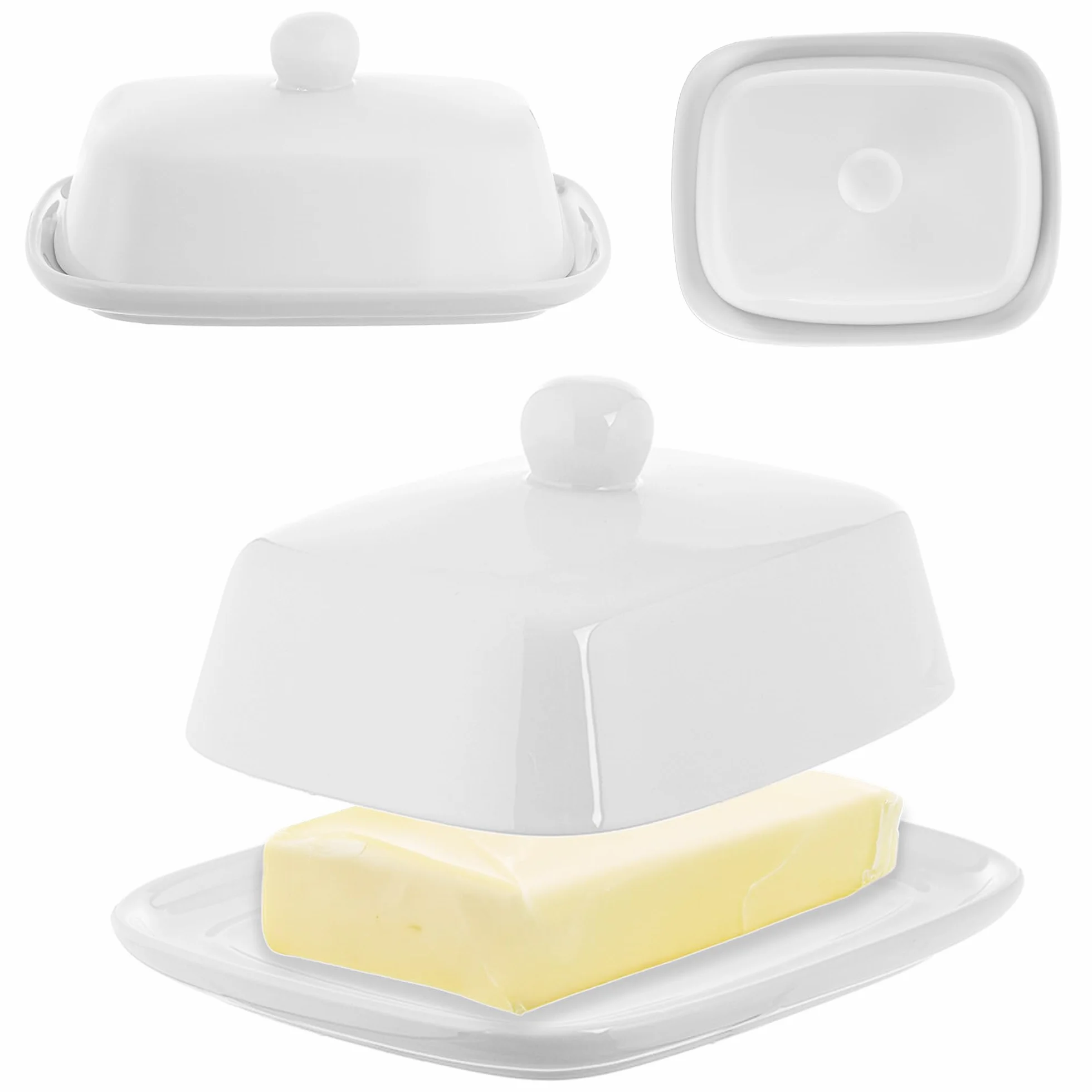 KADAX Maselniczka z porcelany, 16,5 x 13 x 5 cm, biała miska na masło z pokrywką i uchwytem, puszka do przechowywania 250 g masła, pojemnik na masło (biała)