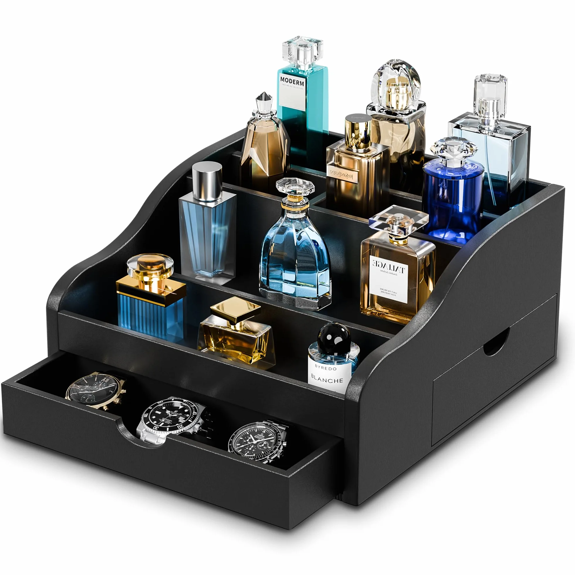 Köln organizer na perfumy, 4-stopniowy stojak na perfumy, organizer kosmetyczny z 2 szufladami i ukrytą przegródką, wielofunkcyjny, drewniany, regał na perfumy, na figurki, biżuterię
