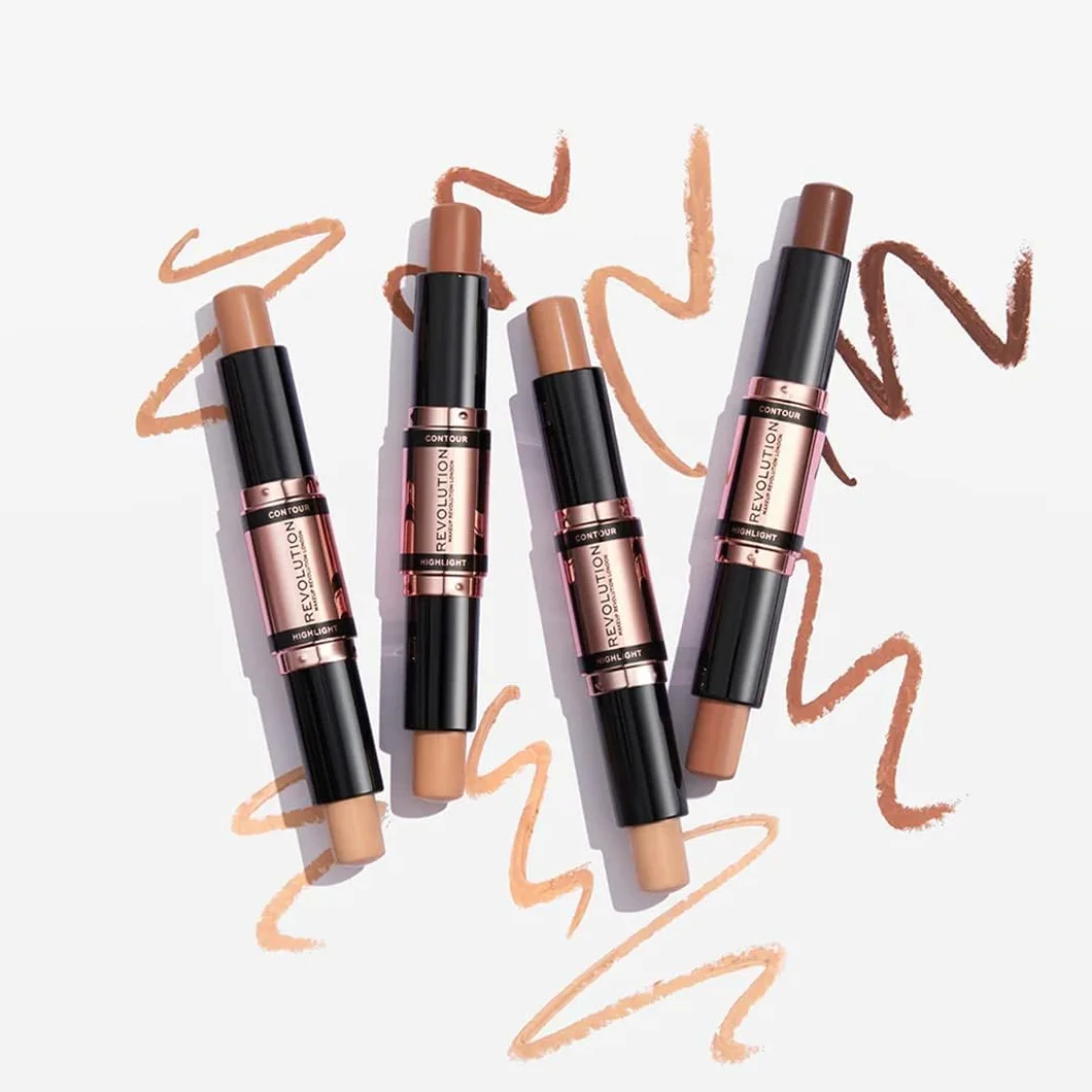 Makeup Revolution Contour Stick Duo Cream Contour & Highlight, definiuje kości policzkowe i kształtuje twarz, wegański i nietestowany na zwierzętach, średni, 2,4 g