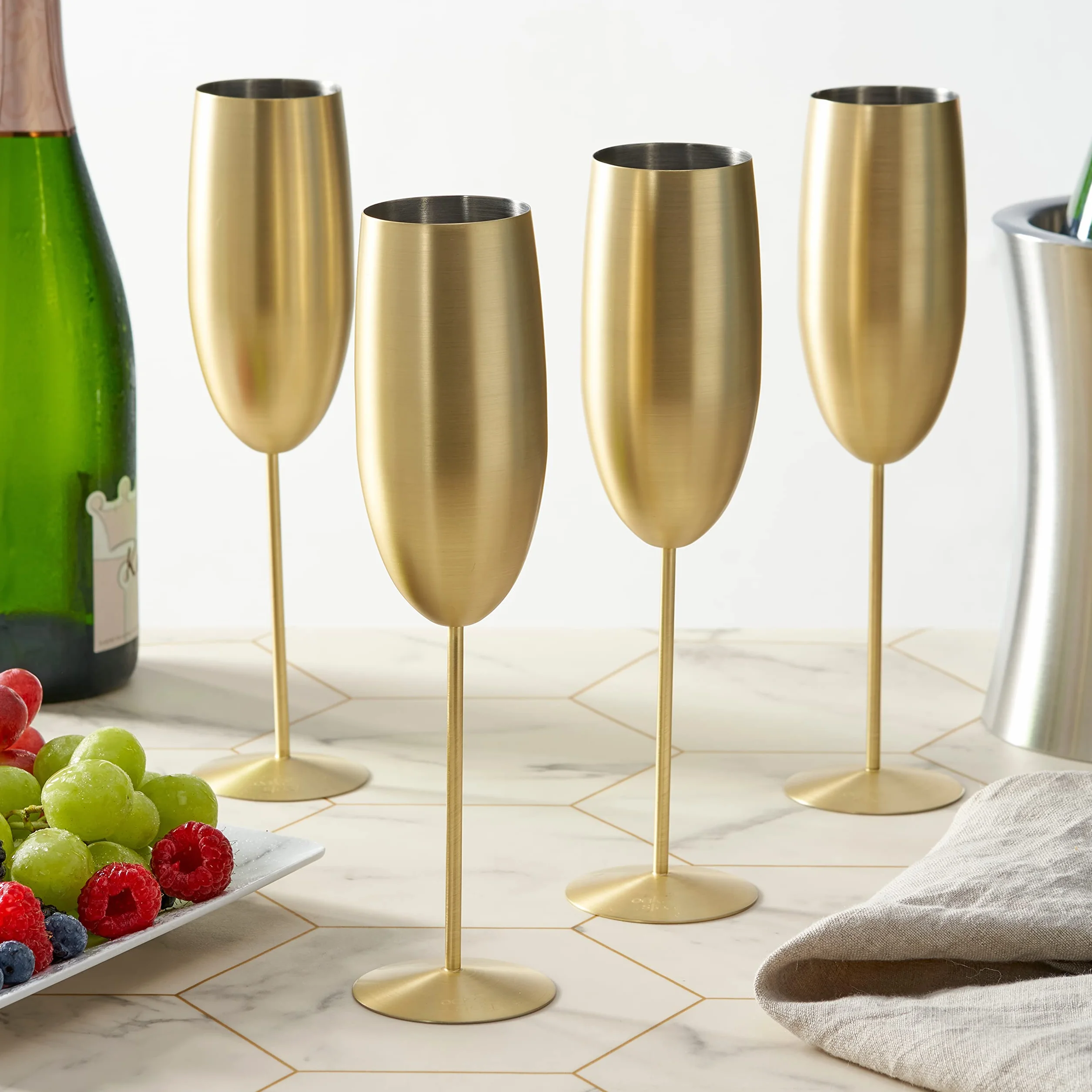 Dąb & Steel - 4 flety szampana ze stali nierdzewnej z pudełkiem prezentowym, 285ml - matowe złoto - eleganckie, solidne i niełamliwe - urodziny, wesela i Walentynki