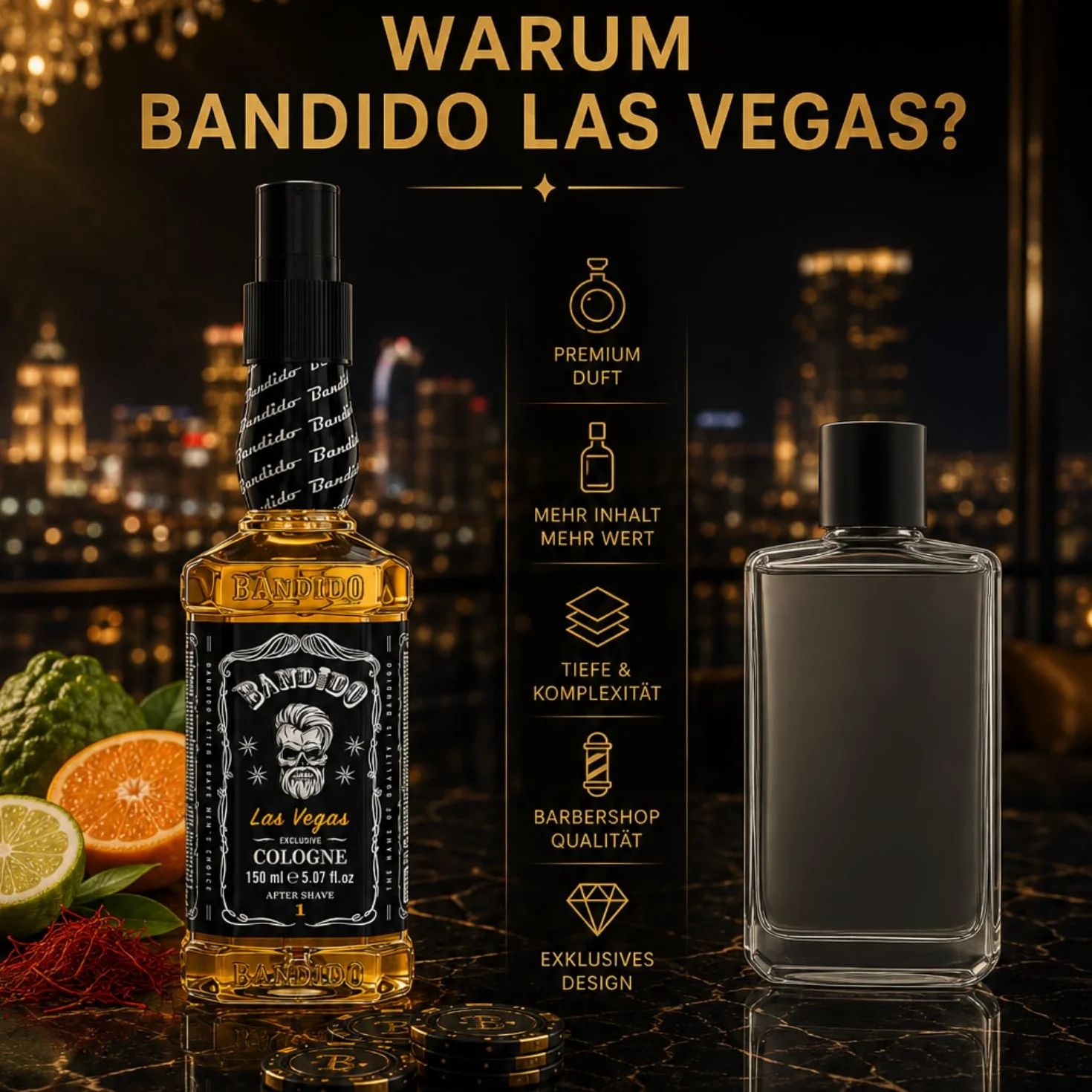 Bandido Eau de Cologne męska woda zapachowa po goleniu woda do golenia dla mężczyzn, odświeża, chłodzi, długotrwały zapach, zapobiega oparzeniom po goleniu i pielęgnacji po goleniu (Las Vegas 150 ml)