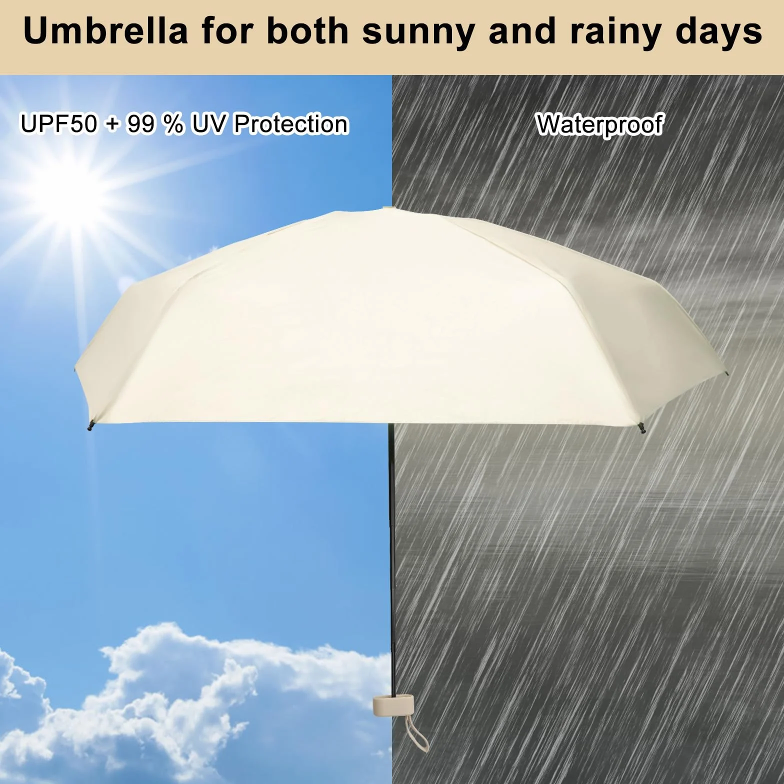 Mini parasol ultrakompaktowy, ultra lekki parasol kieszonkowy z 99% ochroną przed promieniowaniem UV i UPF50+, odporna na uderzenia tkanina, stalowy drążek, powierzchnia parasola 91 cm, beżowa