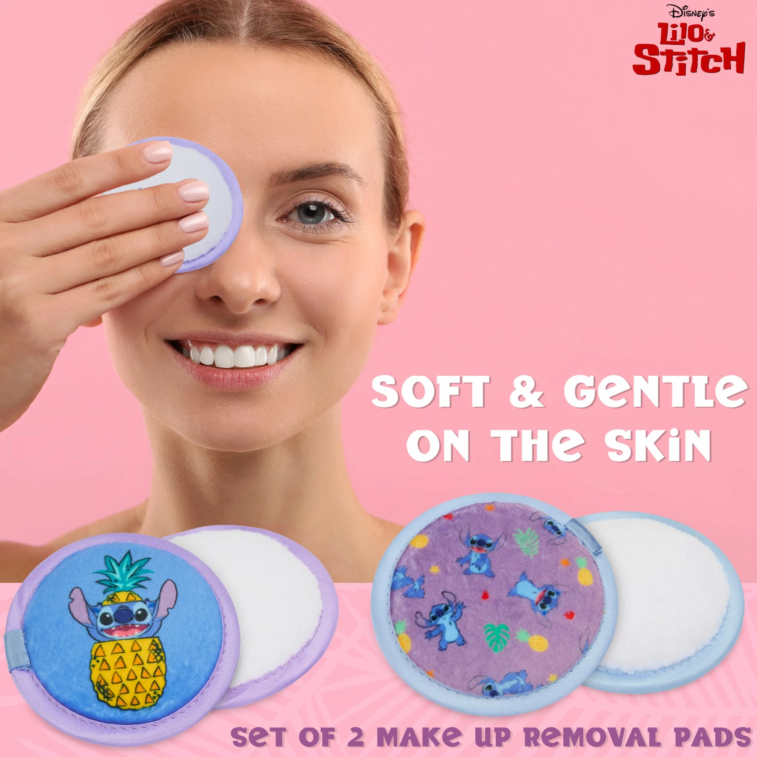 Zestaw akcesoriów do urody Disney Stitch z gąbką do makijażu, wielokrotnego użytku podkładkami do demakijażu i szczotką do włosów do podróży - prezenty Stitch