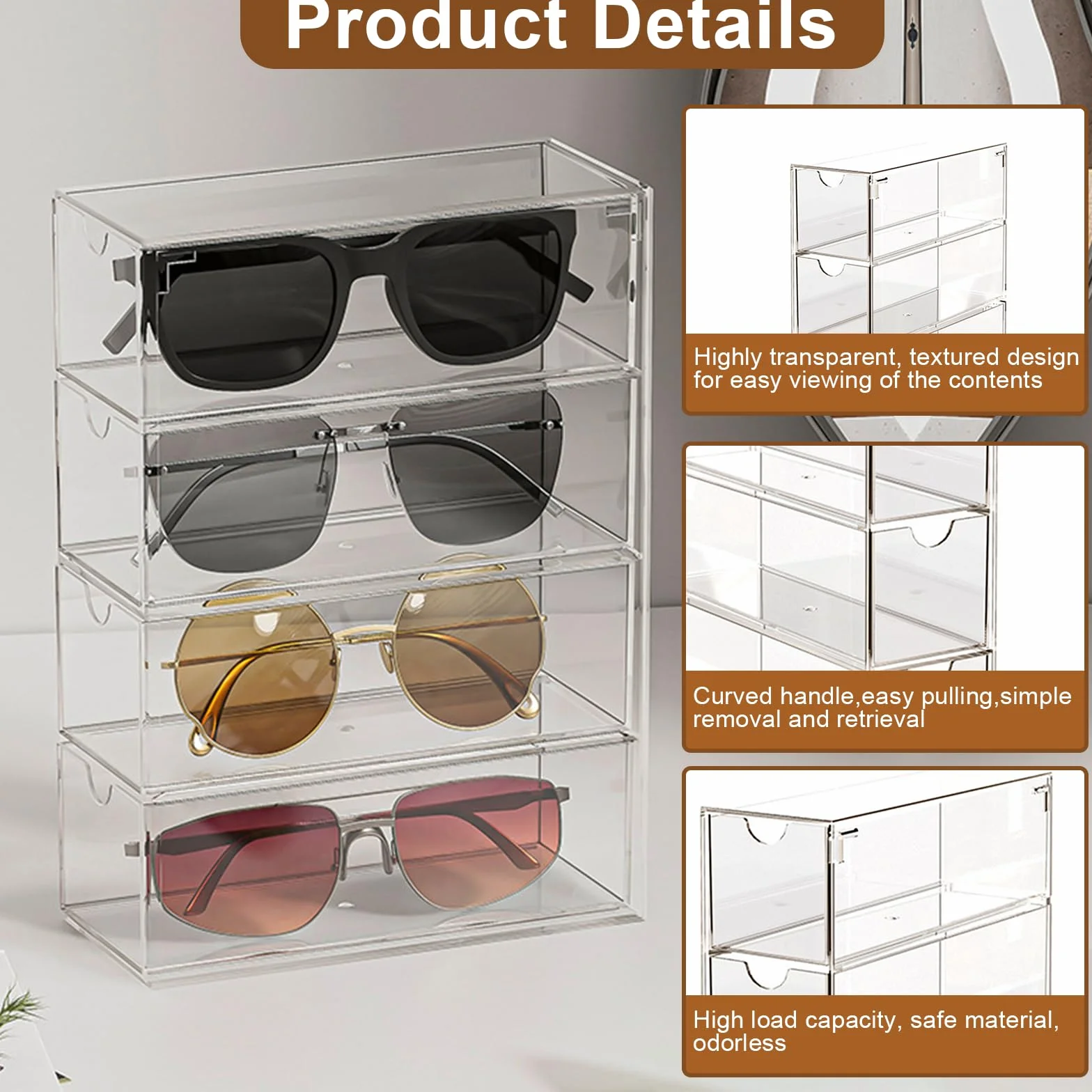 Akrylowy organizer na okulary, 6,5 x 17,5 x 24,5 cm przezroczysty organizer na okulary przeciwsłoneczne z 4 szufladami, możliwość układania w stosy, do przechowywania biżuterii i kosmetyków
