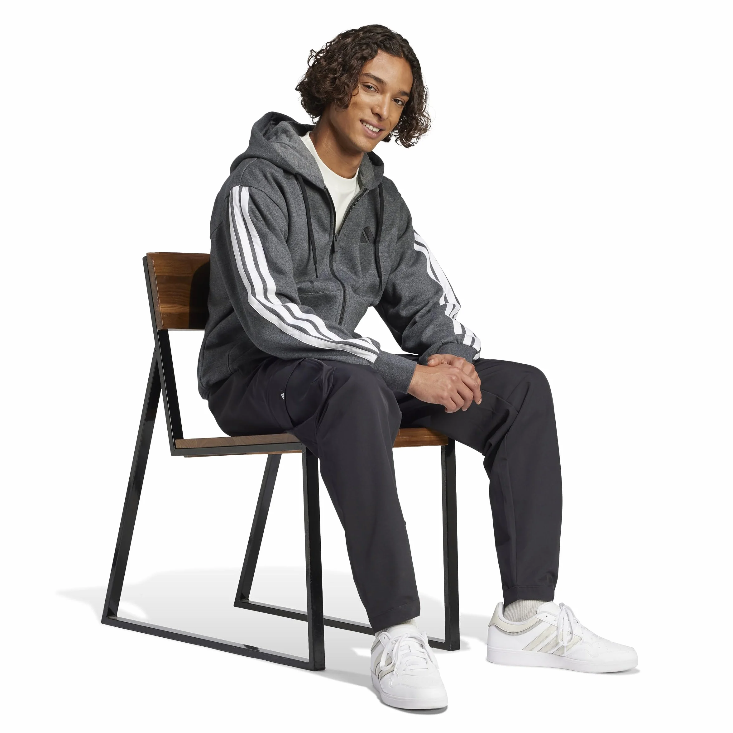 adidas Mezczyzni Essential Three Stripes Fleece Zipper Hoodie Sweatshirt, dark grey heather/black, XL