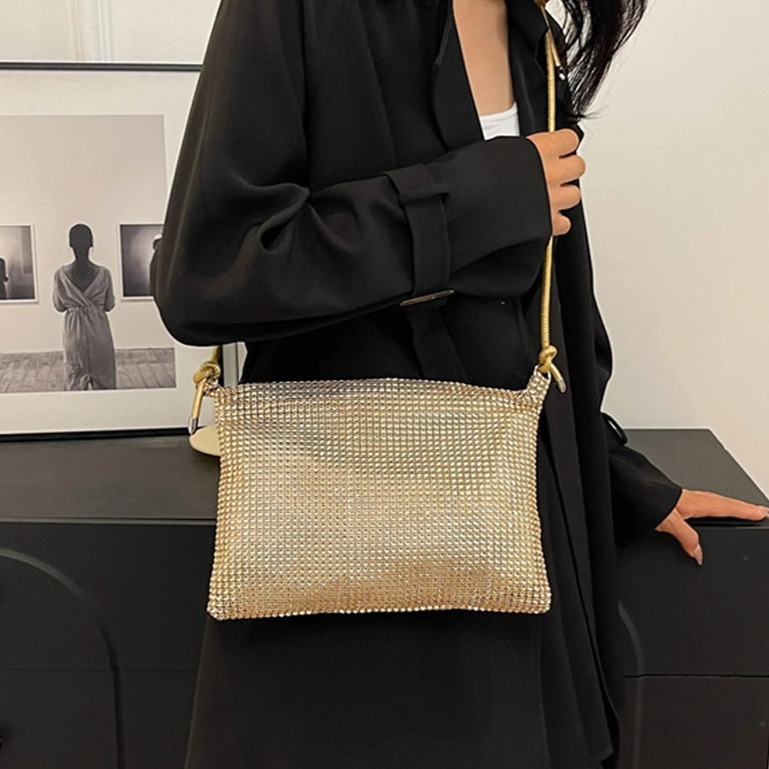 SSKHE Damska torebka crossbody ze strasu, złota torebka z cekinami, ze zdejmowanym paskiem łańcuszkowym, elegancka błyszcząca koperta, torebka sprzęgła dla kobiet, dziewcząt, na wieczór, imprezę
