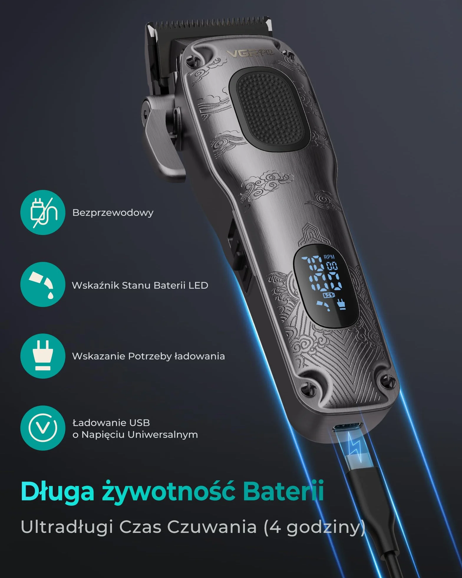 VGRPRO Maszynka do Strzyżenia Włosów dla Mężczyzn, akumulatorowa bezprzewodowa, z etui, LED, szary