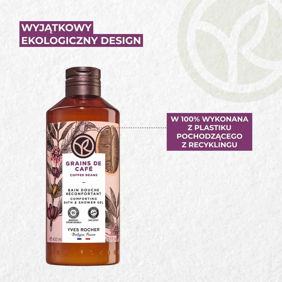 Yves Rocher Bain de Nature Ziarna Kawy – Energetyzujący i wyrafinowany żel pod prysznic i do kąpieli, aromatyczna pianka z ekstraktem, wegańska formuła, butelka z recyklingu, duża pojemność, 400 ml
